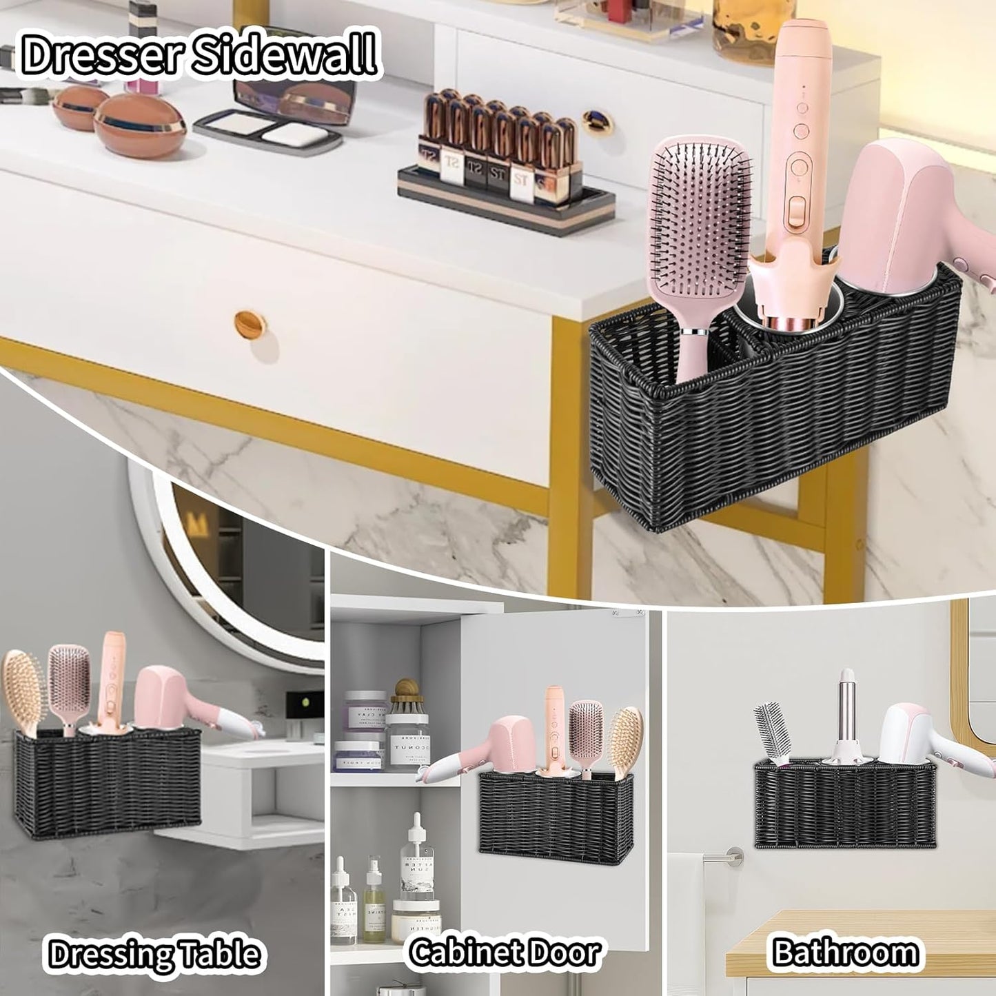 Hair Tool Organizer,Wall Mount Curling Iron Holder,Waterproof Wicker Hot Tools Organizer for Hair Dryer,Flat Irons,Curling Wands,Straighteners Storage,in Cabinet,Bathroom,Vanity (Black)