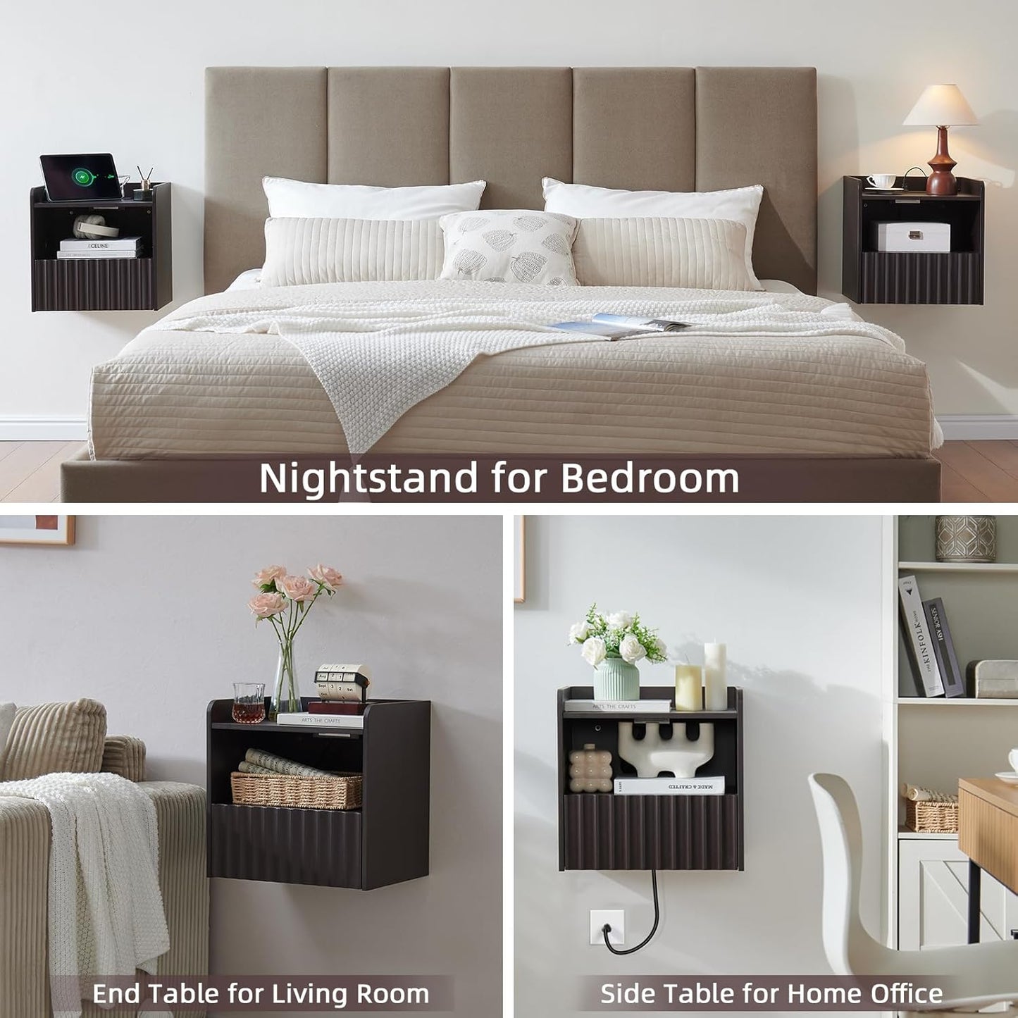 Modern Fluted Floating Nightstand Wall Mounted - Bedside Table with Storage Drawer & Display Shelf, Minimalist Bedroom Furniture for Studio Apartments(Espresso)