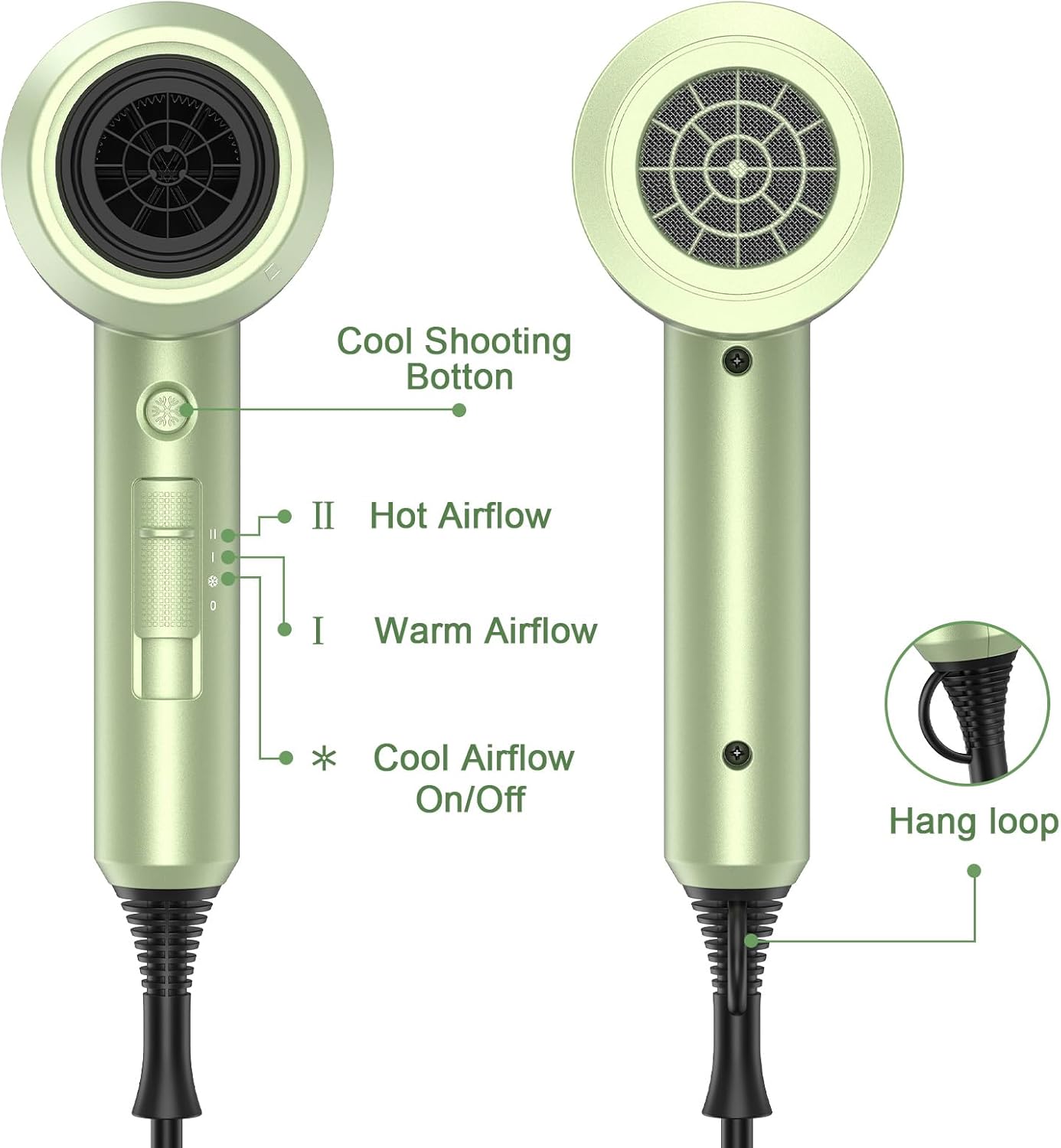 slopehill Professional Ionic Hair Dryer, Powerful 1800W Fast Drying Low Noise Blow Dryer with 2 Concentrator Nozzle 1 Diffuser Attachments for Home Salon Travel (Lime Cream)
