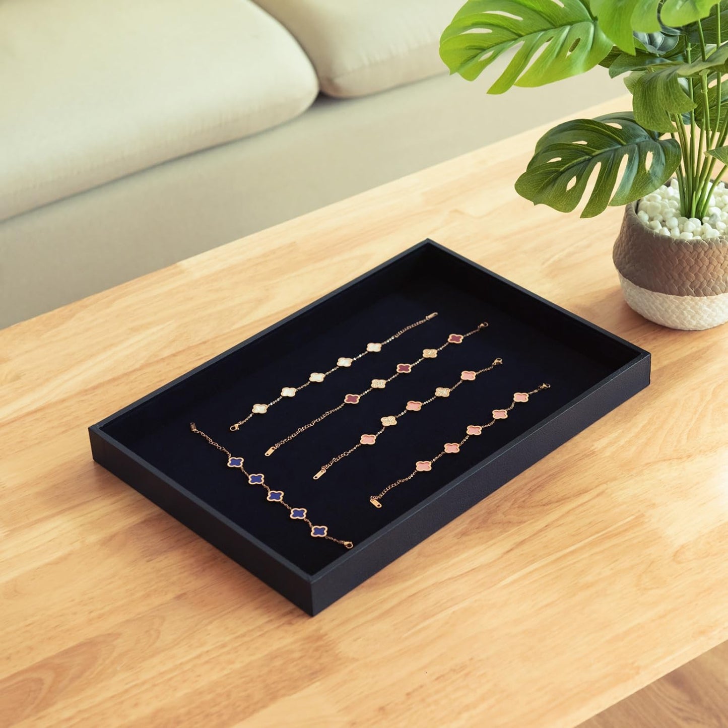 Velvet Jewelry Tray for Drawers Black Jewelrys Display Tray Stackable Jewelry Organizer Trays for Necklace Bracelet Ring Watch (4, Black)