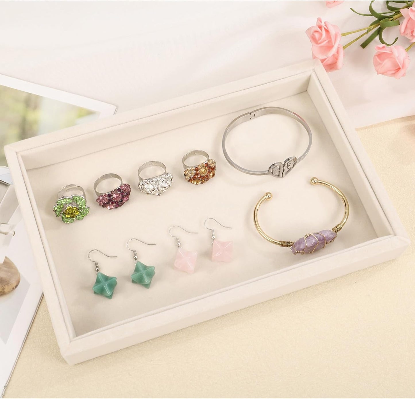 Mornajina 9" x 5.7" Velvet Jewelry Tray Jewelry Display Tray, Stackable Empty Plate Trays for Earrings Necklaces Bracelet Rings Display Showcase - Light Khaki