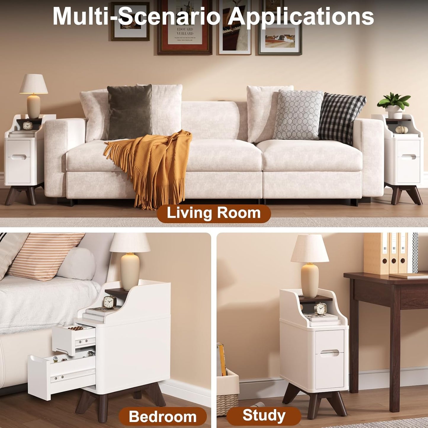 Narrow Nightstand with Drawers, Wood Night Stand with Charger Station, Narrow Bedside Table Modern Side Table Skinny End Table for Bedroom, White