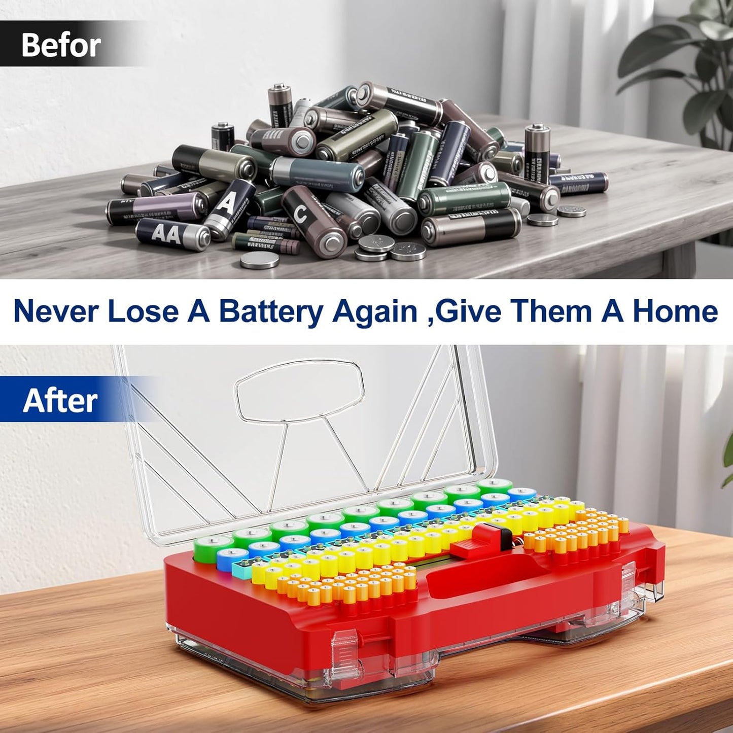 Battery Organizer Storage Holder Box Case with Tester, New Ultra-Large 285+Batteries Double-Sided Variety Pack, Holds AA AAA 4A C D Button Cell 9V 3V CR123 CR1632 LR44 Lithium18650 CR2 Red
