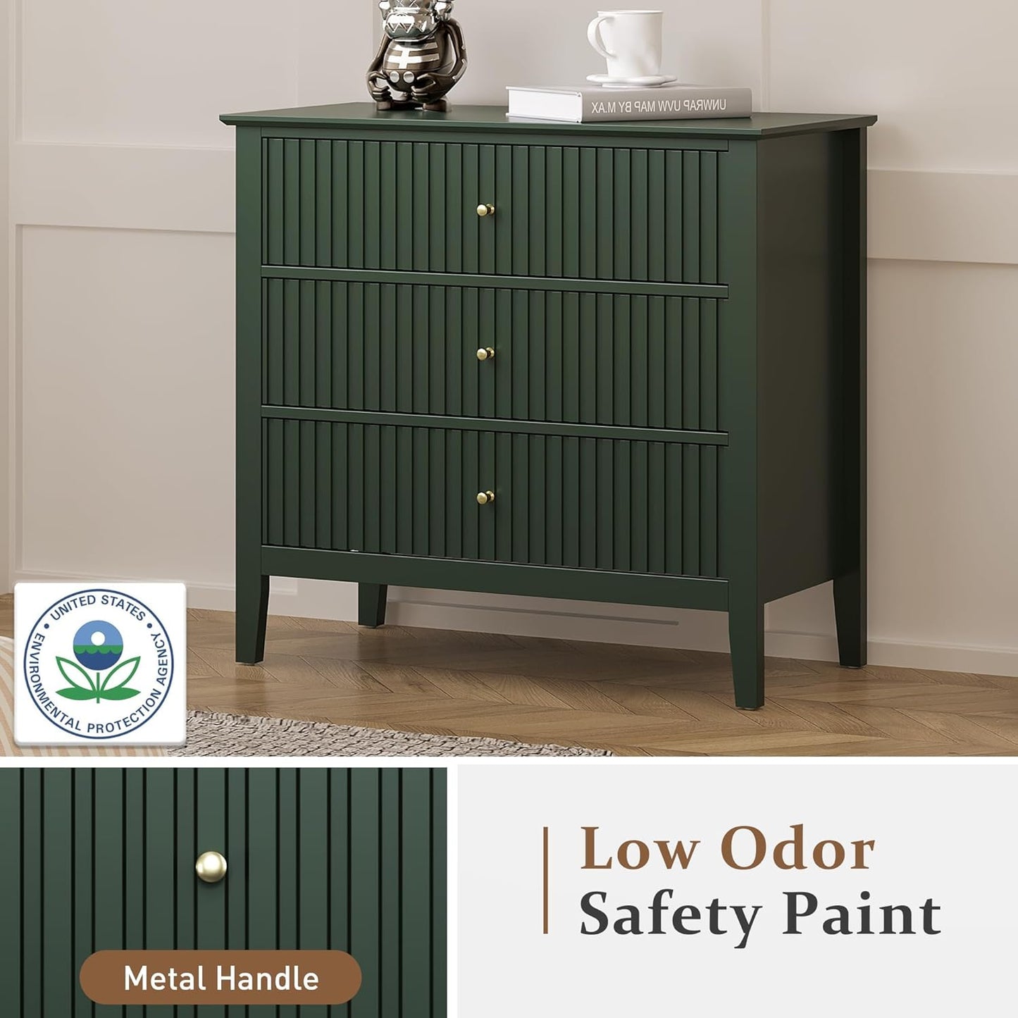 RoyalCraft Green Fluted 3 Drawer Dresser, 32 inch Wide Dresser Nightstand for Bedroom, Modern Wood Chest of Drawers, Large Painted Nightstand with 3 Drawers for Closet, Hallway, Entryway