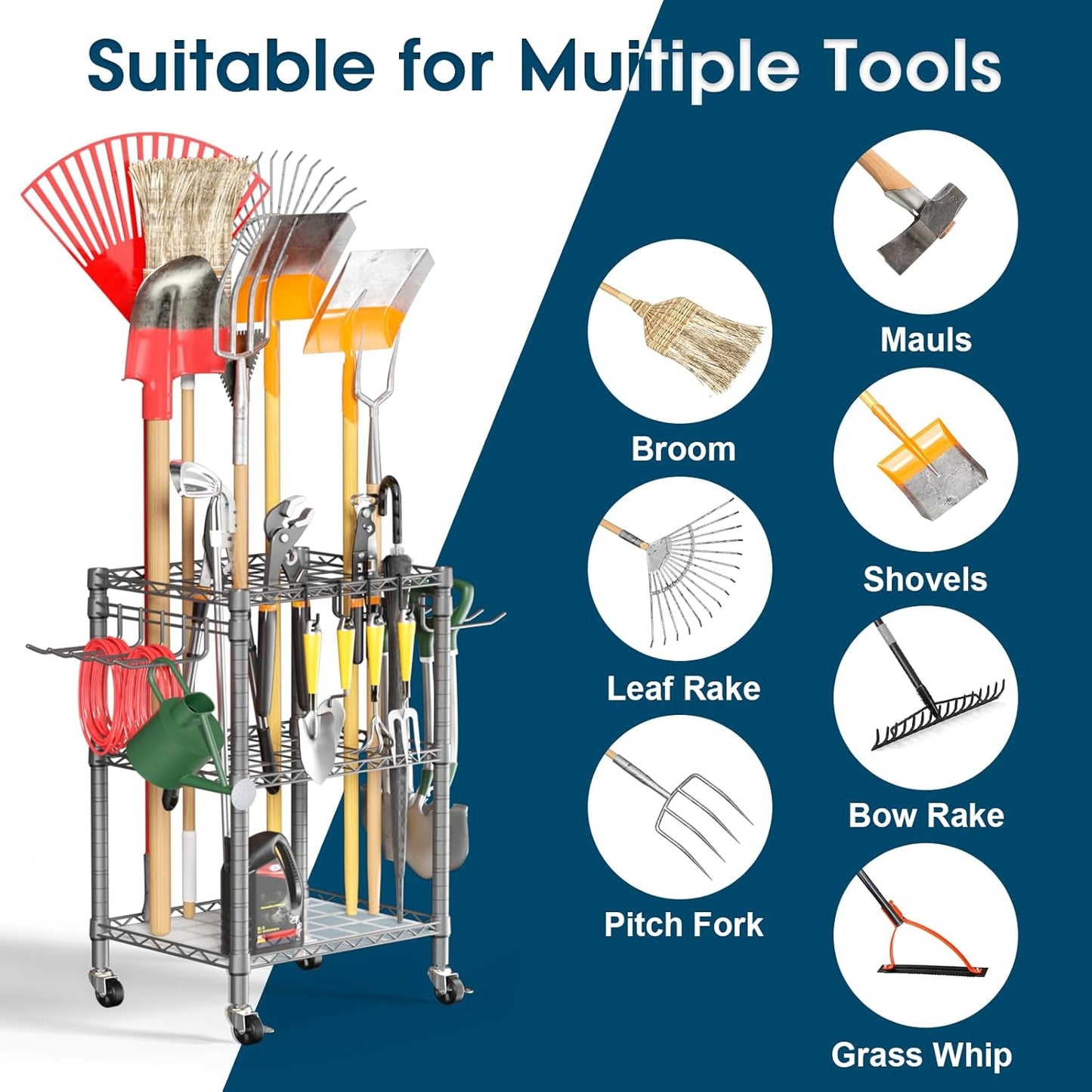 T1 Garden Tool Organizer(with Lockable Wheels) Heavy Duty Garage Tool Storage for Yard,Shed,Outdoor and Lawn,Freestanding Tool Organizers and Storage UP to 50 Tools,Grey with Anti-Tip Device