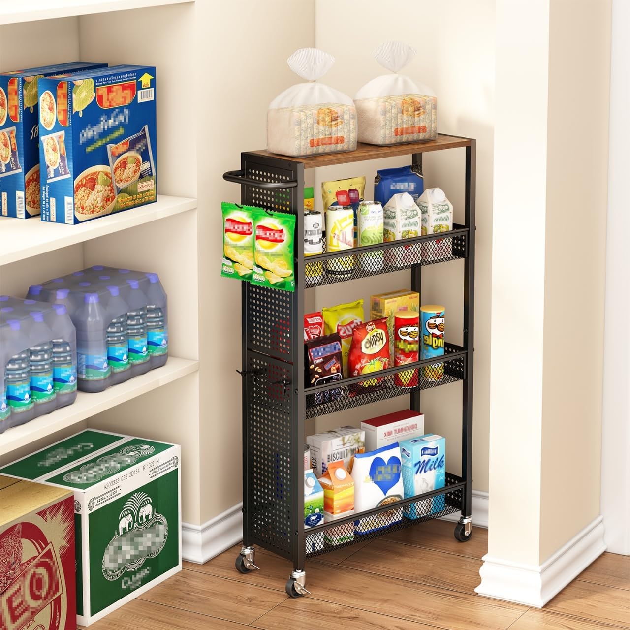 Utility Slim Storage Cart 4 Tier Small Rolling Kitchen Laundry Room Organization Cart with Wood Top Metal Narrow Laundry Room Shelves Cabinet Unit Laundry Organizer Trolley with Handle for Small space