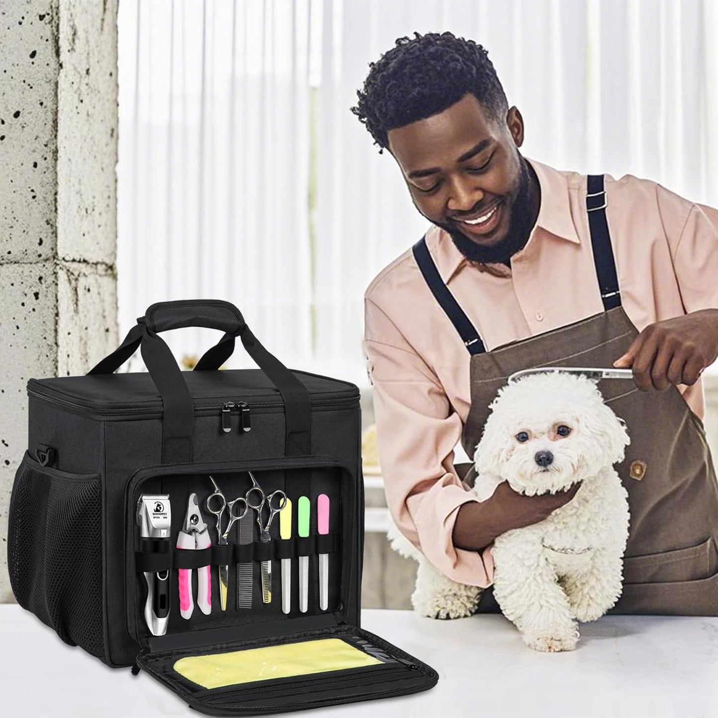 GMAK Large Pet Grooming Bag, Dog Grooming Tote Bags Supplies Organizer Case Pets Tools Organizer Tote for Dog Cat Grooming Tool Kit, Clippers, Scissors and Accessories, Black(Bag Only)