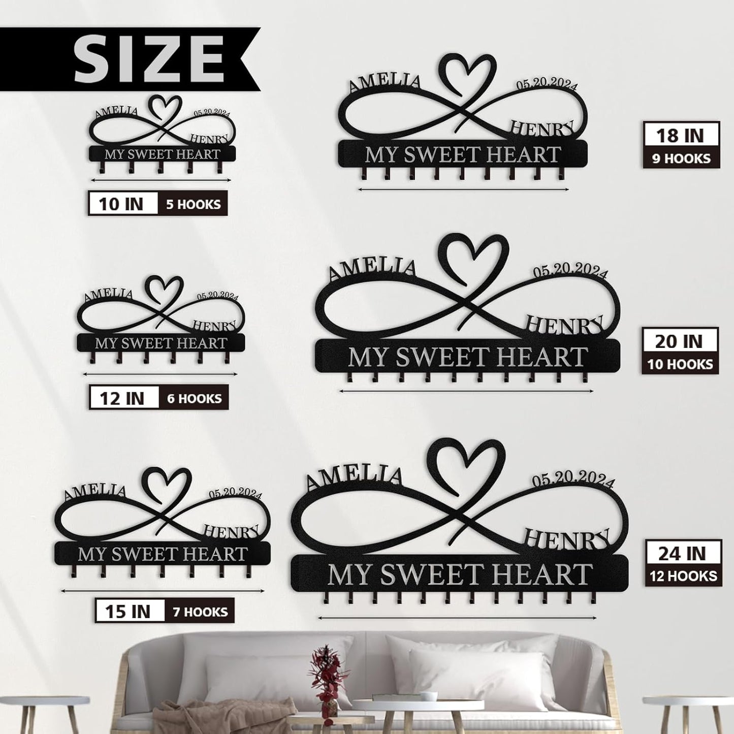Personalized Key Holder Wall Mount, Custom Couple's Name Key Holder for Wall, Love Shape Wedding Couple Gifts, Metal Key Rack Coat Rack, Key Rack Organizer for Bedroom Hallway Decor