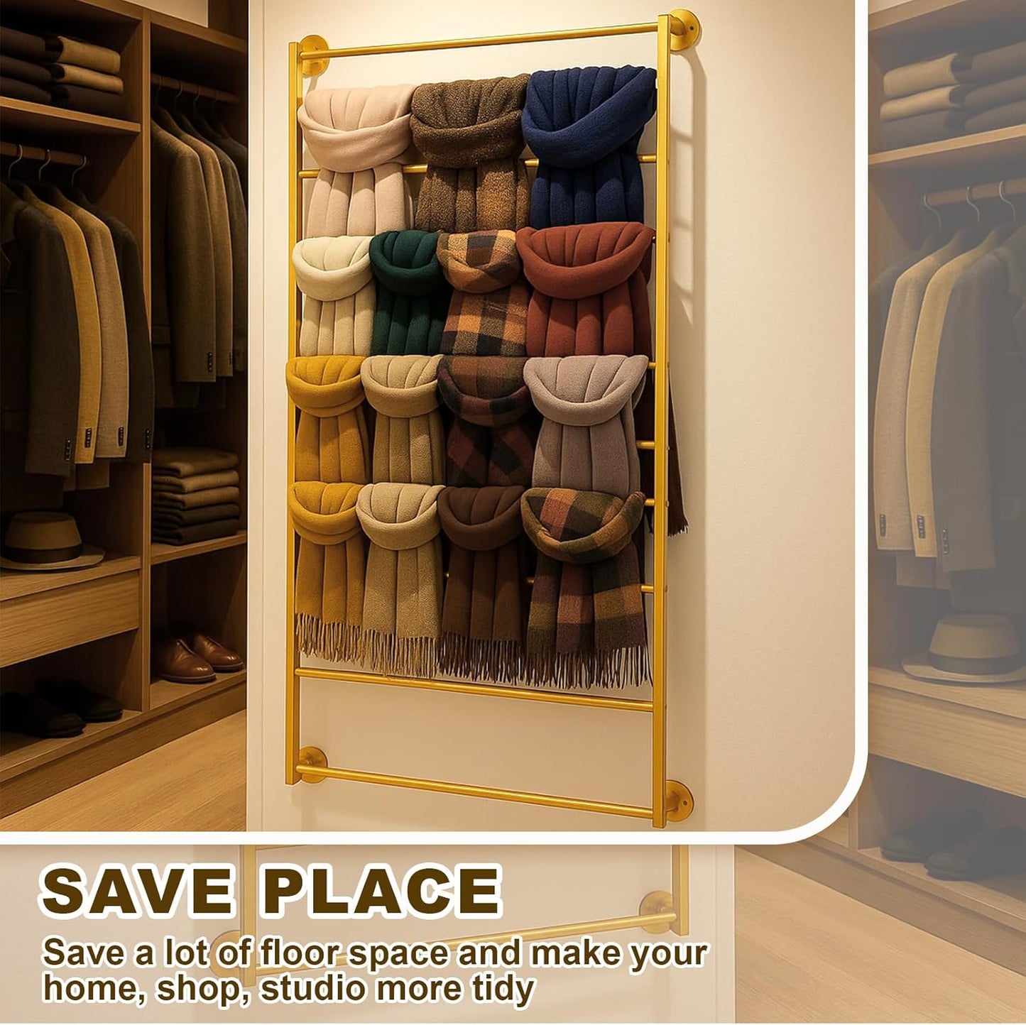 Hijab Organizer, 10 Tier Metal Scarf Holder Organizer, Freestanding Scarf Shawl Display Stand Belt Holder for Boutique, Retail Store, Bedroom, Clothing Store(Gold,47.2" X 23.6" X 4")