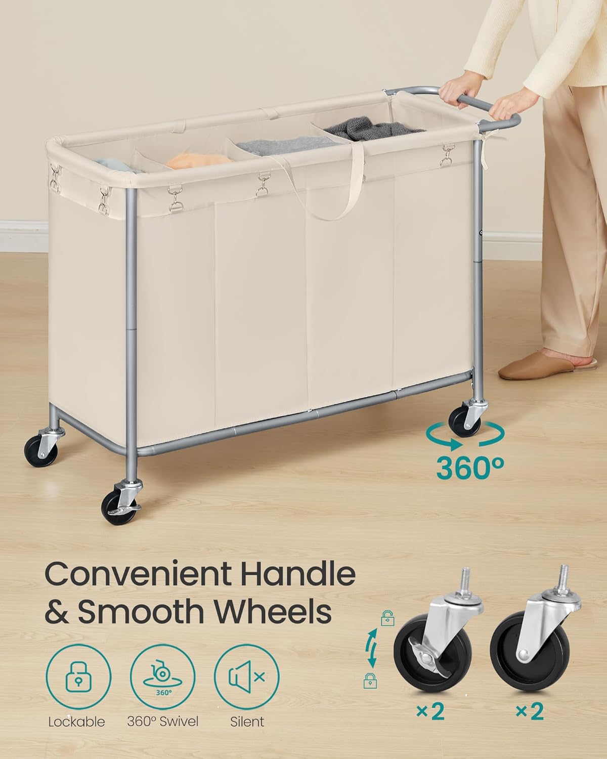 SONGMICS Laundry Basket with Wheels, 4-Section Rolling Laundry Hamper, 68.6 Gallons (260 L), Removable Liner, Steel Frame with Handle, 43.3 x 15.4 x 31.9 Inches, Cream White URLS014W01