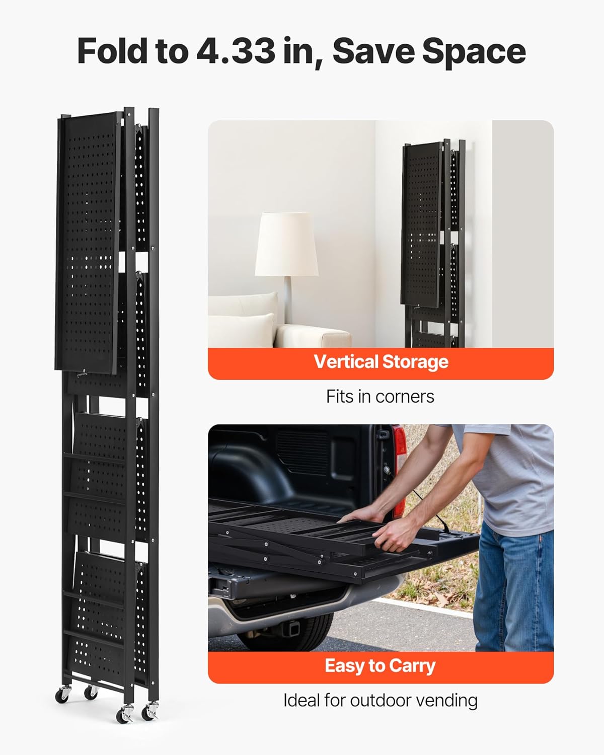 VEVOR 4-Tier Foldable Storage Shelf, 28W x 13D x 54H Inch Folding Metal Rack Shelving Unit, No Assembly Organizer Shelf with 5 Wheels & 4 Hooks for Pantry, Kitchen, Garage, Basement, Black