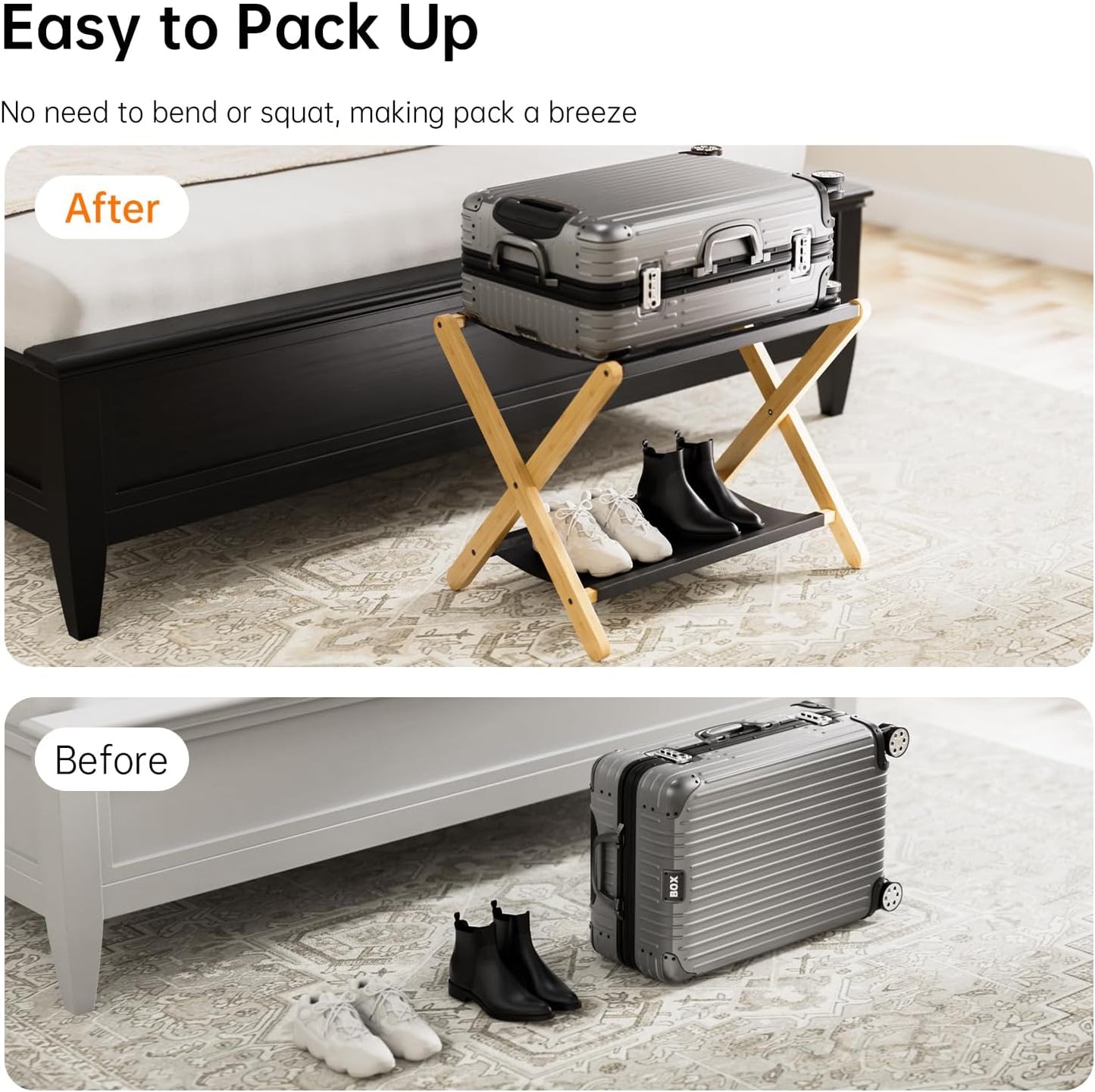 HITNET Luggage Rack 2 Pack, Folding Suitcase Stand for Guest Room, Bamboo Luggage Holder with Storage Shelf for Hotel Bedroom, Natural