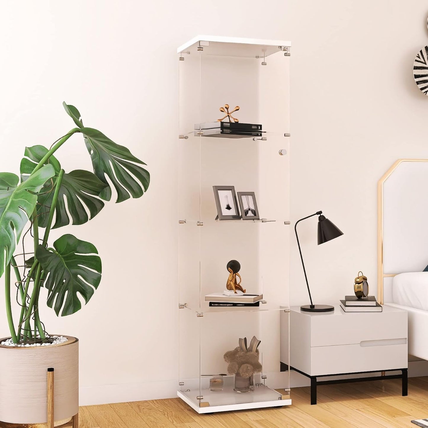 Beauty4U Glass Display Cabinet with 4 Shelves, Curio Cabinets for Living Room, Bedroom, Office, White Floor Standing Glass Bookshelf, Quick Installation