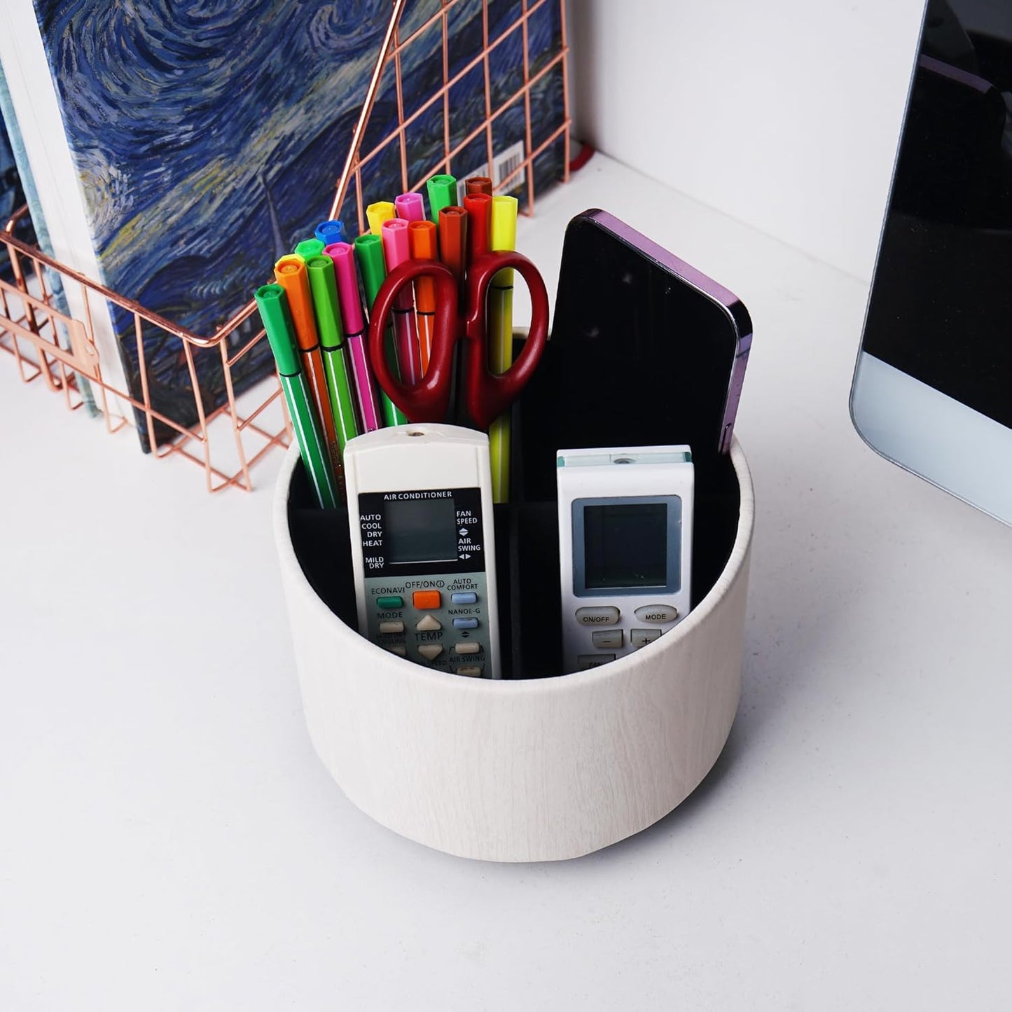 Round Leather Art Supply Organizer,Remote Control Holder,360 Degree Spinning,Multi-Functional Pencil Holder,4 Compartments Desktop Stationary Organizer(1-Thin Wood White)