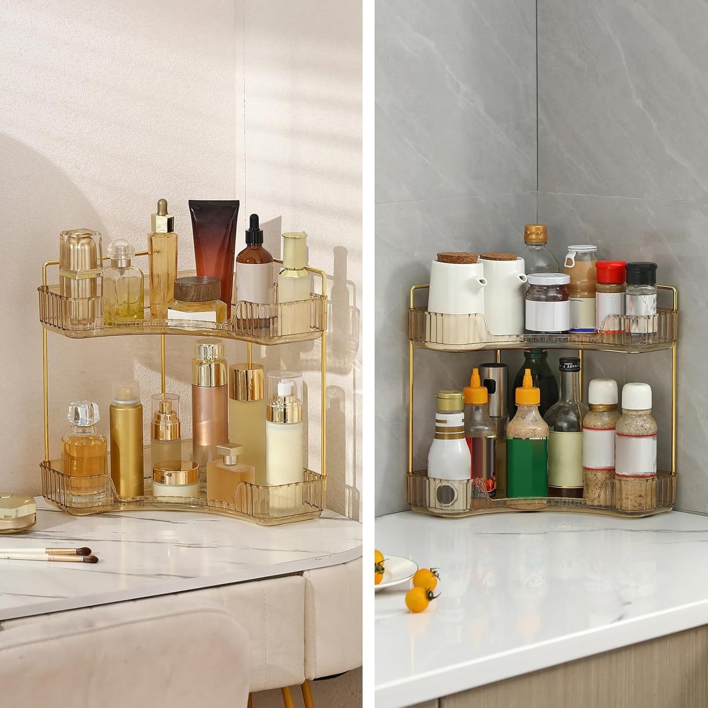 Corner Bathroom Countertop Organizer, Vanity Organizer Trays for Counter, Makeup Organizers, Perfume Tray, Skincare Shelf Storage Gifts for Women Girl Student (Yellow, 2 Tiers)