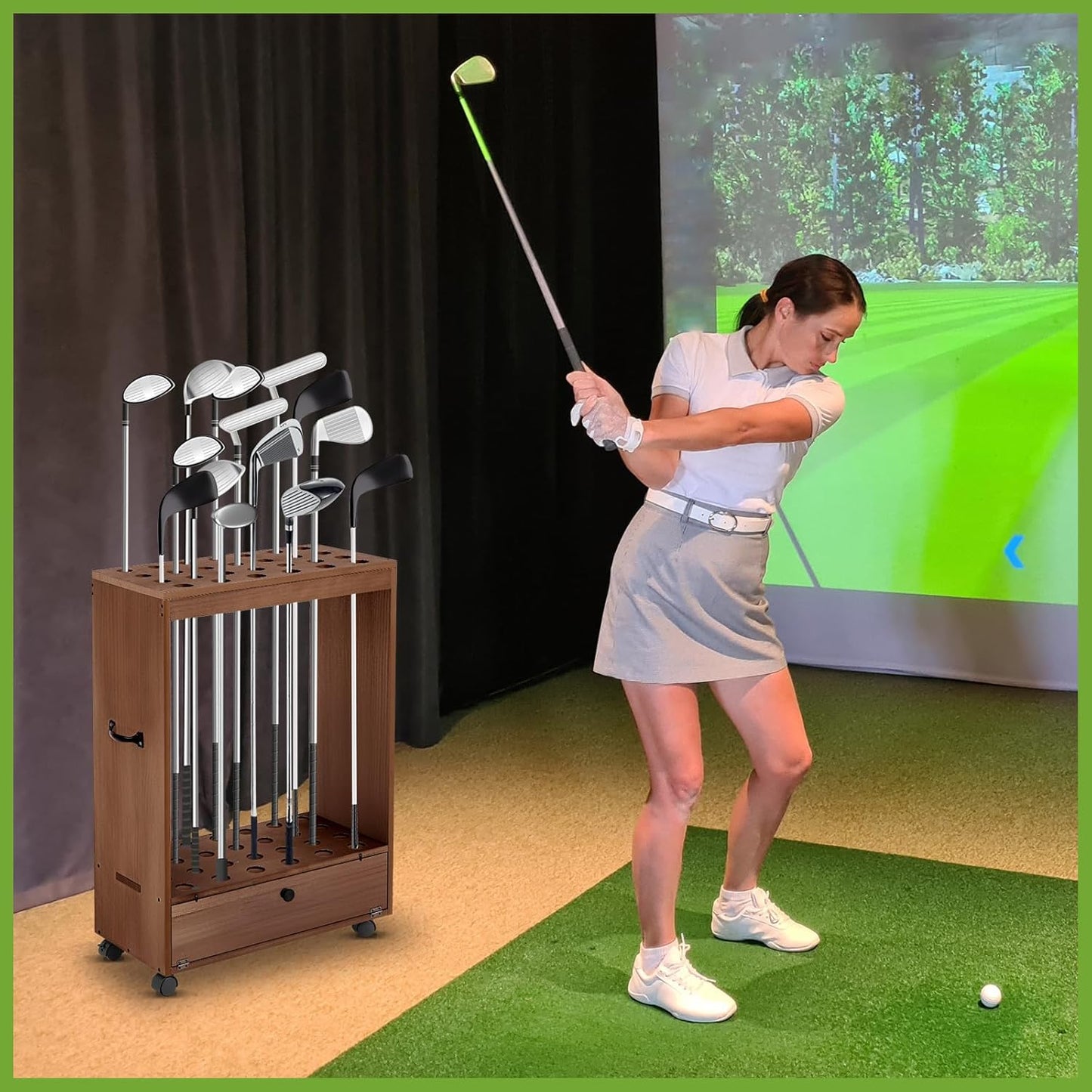 27 Hole Golf Club Stand Holder Wooden Golf Club Organizer Putter Display Rack with Storage Drawer and Wheel for Indoor Home Office Simulator Garage