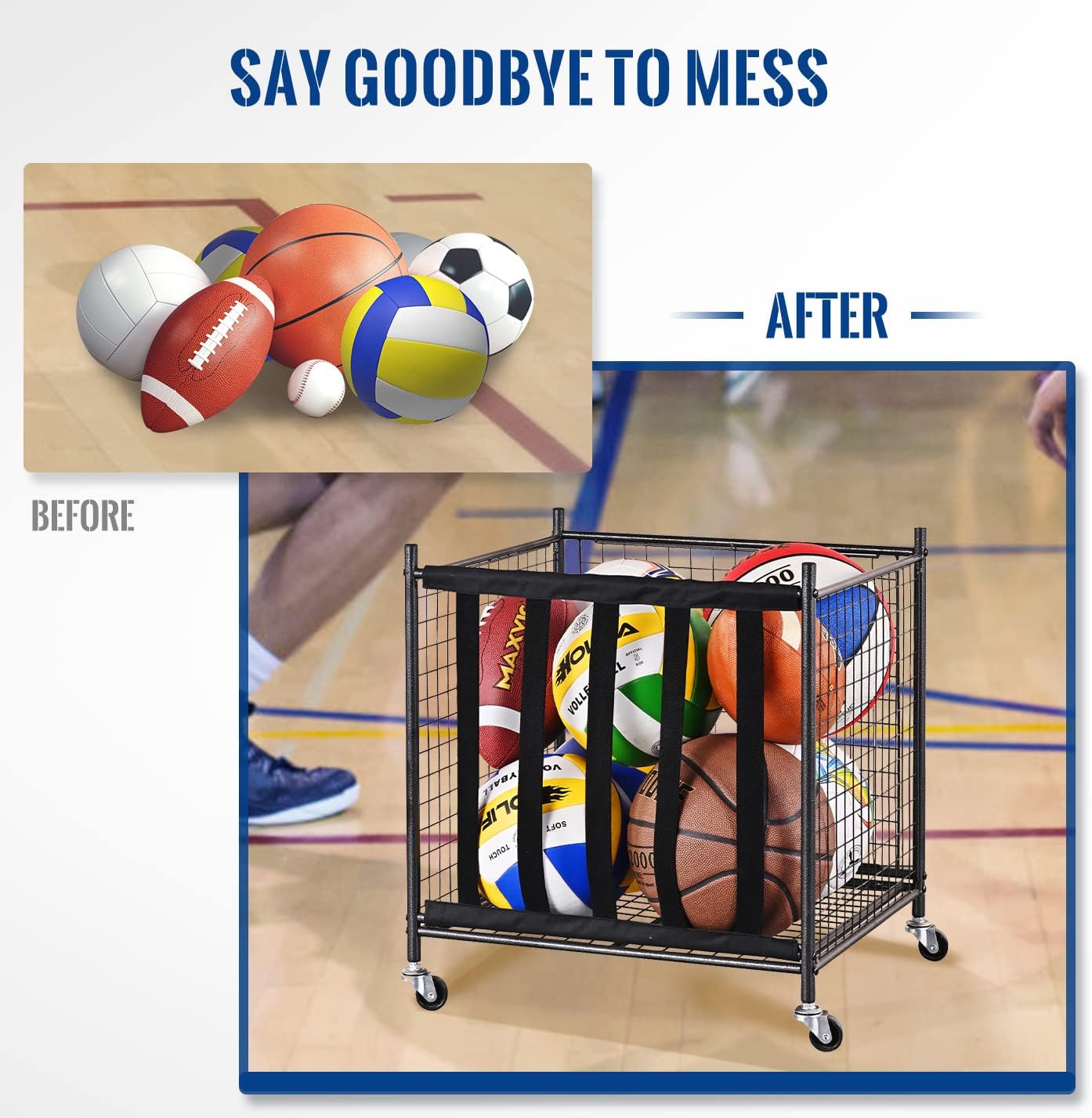 Mythinglogic Rolling Sports Ball Storage Cart, Sports Lockable Ball Storage Locker with Elastic Straps, Stackable Ball Cage for Garage Storage Garage Organizer
