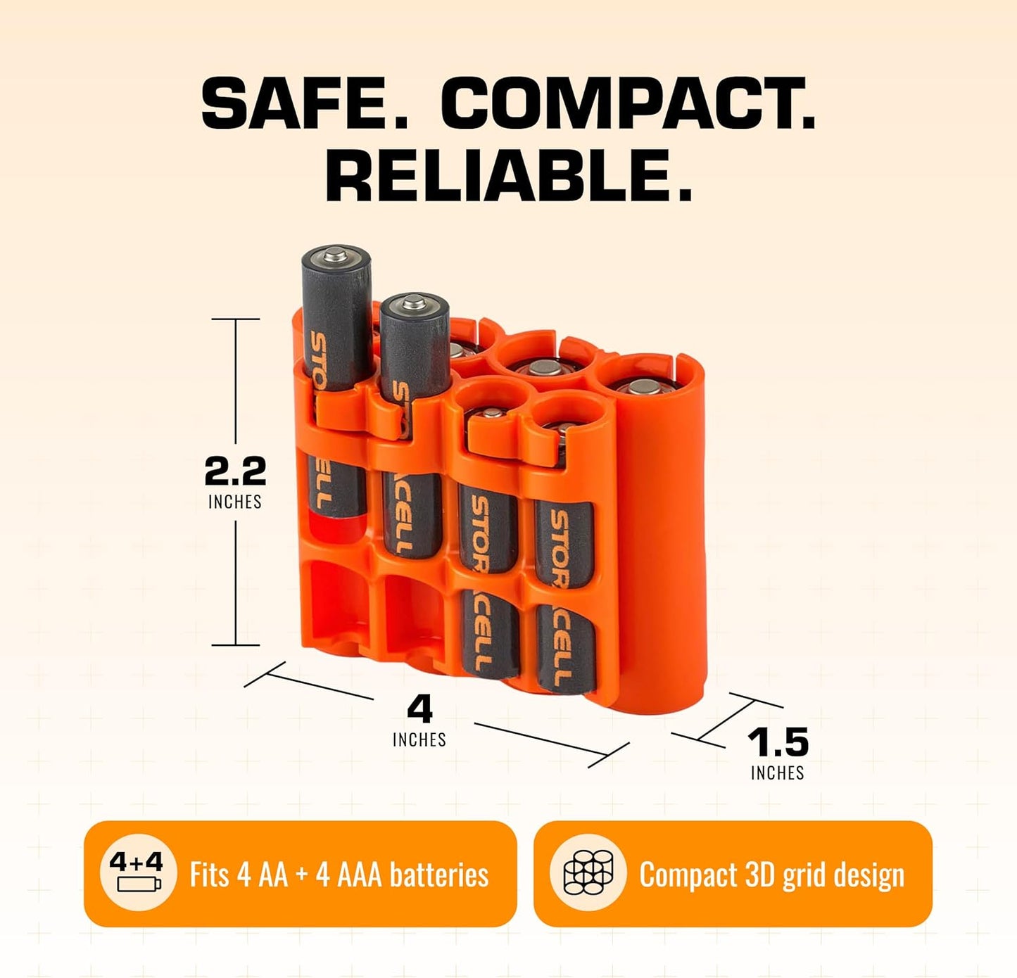 Storacell AA + AAA Combo Battery Storage Caddy and Dispenser (Pack of 2), Orange, Holds 4 AA + 4 AAA Batteries (Not Included), Durable & Compact Design, The Original Battery Caddy, Made in USA