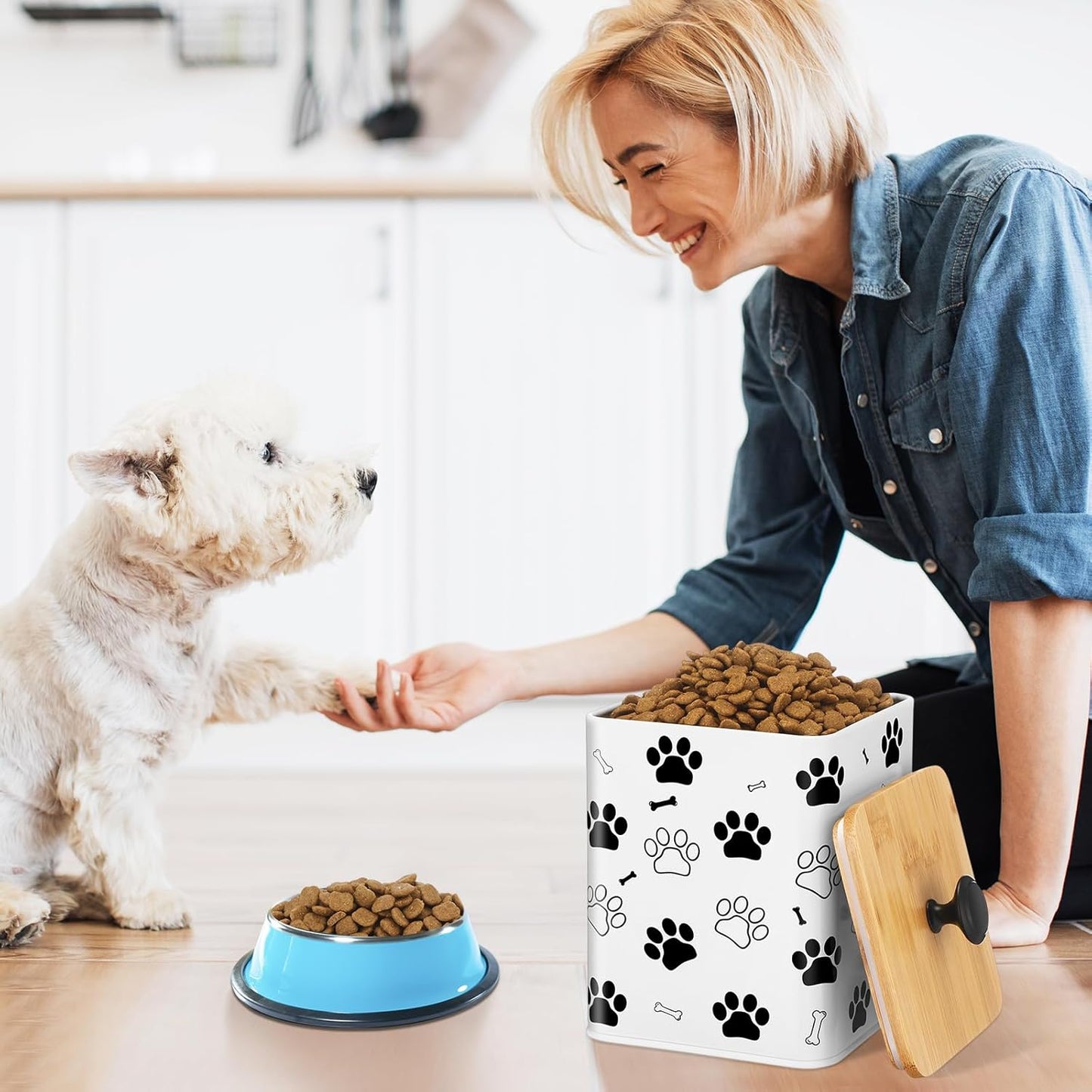 Airtight Dog Food Containers with Bamboo Lids, Metal Dog Treat Jars Canisters for Kibble, Biscuits, Snacks, Cookies, Pet Food Storage Set for Kitchen Counter Christmas Gift(White)
