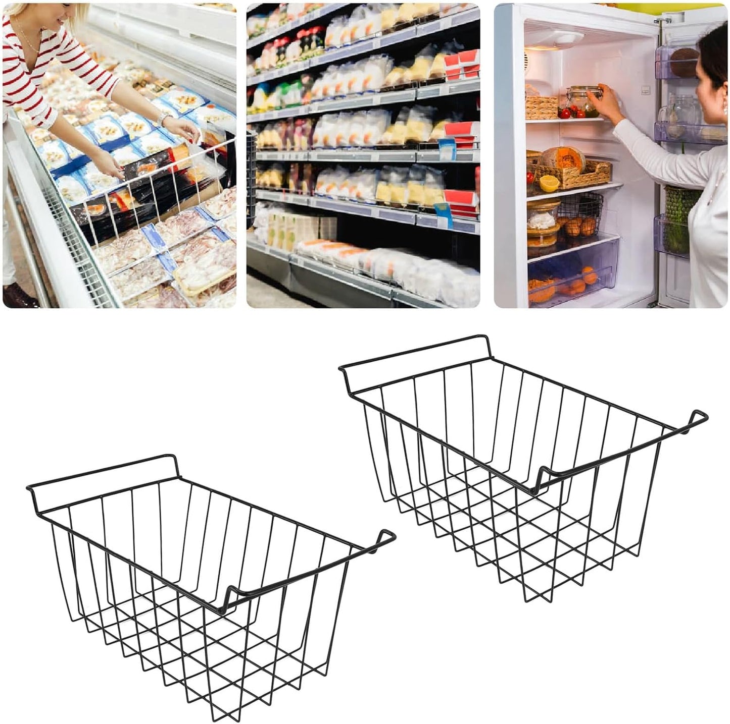 2PCS Freezer Organizer Bins, Steel Wire Freezer Basket with Handles Multifunctional Organizer Bin Stackable Metal Wire Baskets for Cabinet, Pantry, Closet (Black)