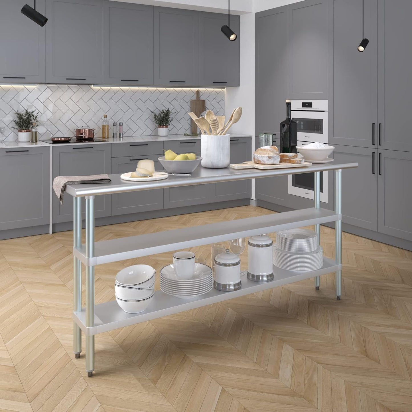 AmGood Stainless Steel Work Table with 2 Shelves | NSF | Metal Utility Table (72" Long x 14" Deep)
