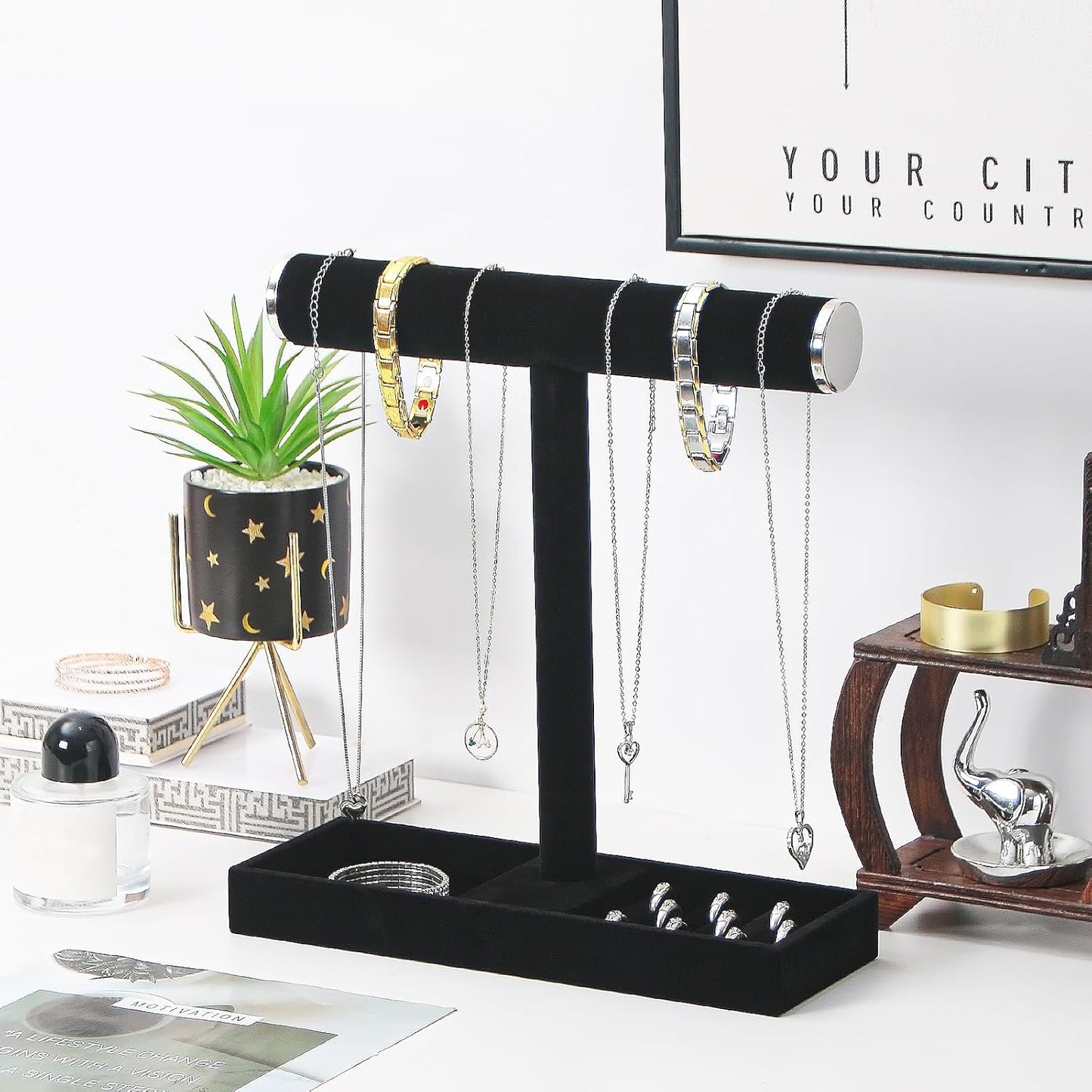 Necklace Display Holder, Bracelet Organizer Stand with Earrings Tray and Metal Lid, Jewelry Scrunchie Watches Tray Rack for Women Home Desk (Black)