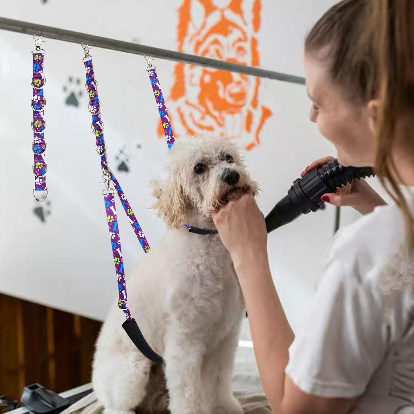 Dog Grooming Belly Straps – Adjustable Grooming Loops with Cute Paw & Bone Pattern – Pet Grooming Belly Band Table Accessories for Small to Large Dogs(Purple)
