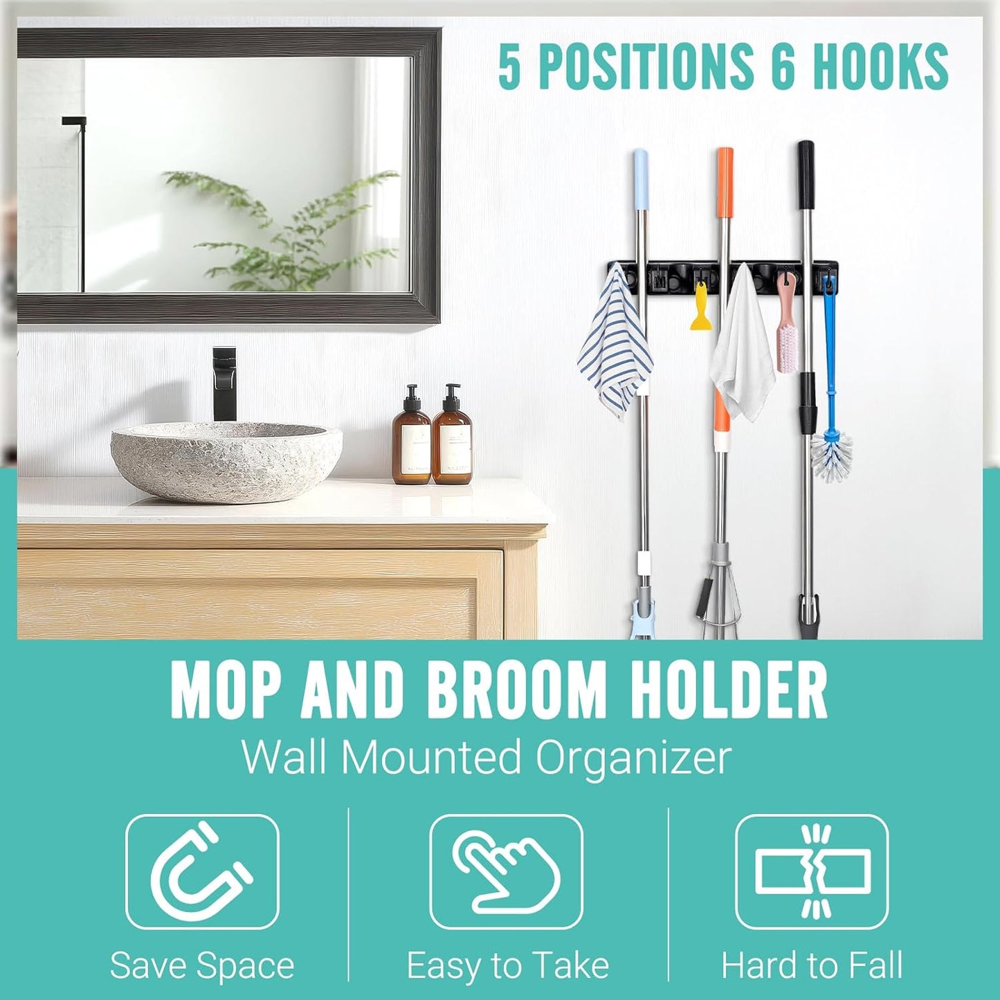 Broom and Mop Holder, Wall Mounted Organizer Mop and Broom Storage Tool Rack with 5 Ball Slots and 6 Hooks (2Pack)