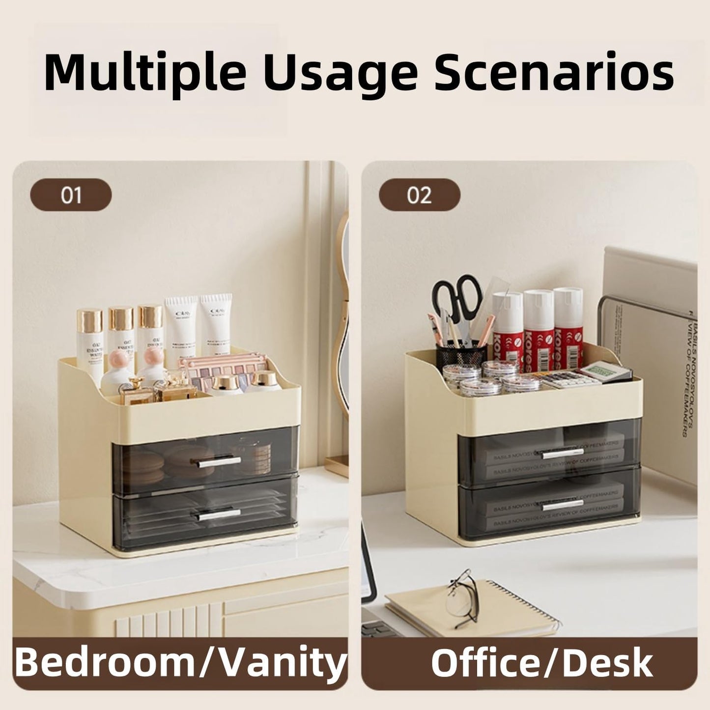 Makeup Organizer for Vanity,Vanity Organizer with 2 Drawers,Makeup&skincare Organizers Countertop,Cosmetic Display Case,Vanity Storage Box(Cream)