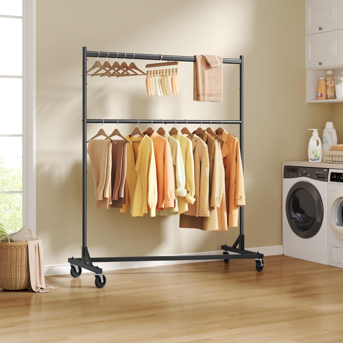Hoctieon Double Rod Z Rack, Rolling Clothes Racks with Z-Base, Adjustable Clothing Rack, Standing Clothes Rack, Metal Clothing Racks for Hanging Clothes, Portable Garment Rack, Black