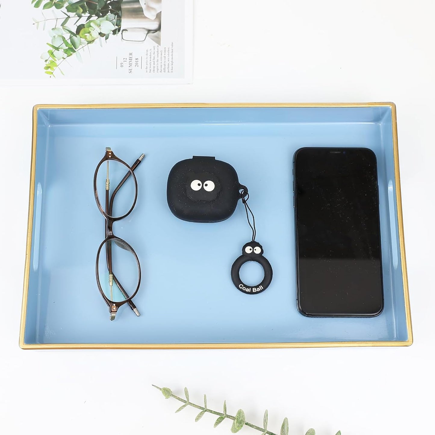 Spsyrine Blue Bathroom Vanity Tray with Handles for Dresser Tops, Countertop, Perfume Decorative Tray, 11.8” * 7.87” *1.37”