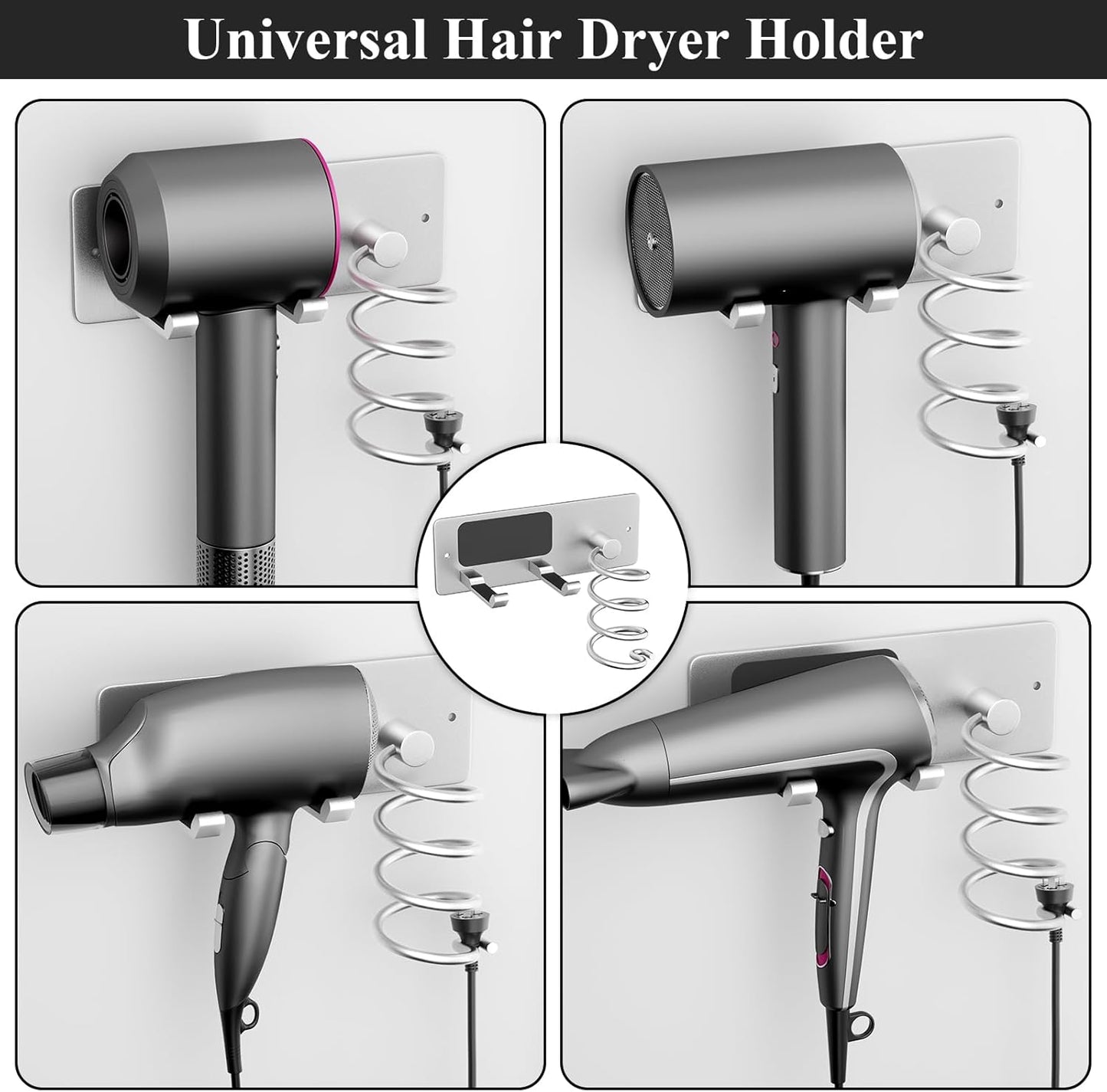 Tindbea Hair Dryer Holder + Curling Iron Holder,Blow Dryer Holder Wall Mount, Bathroom Hair Tool Organizer Rack for Universal Dryer Silver Color