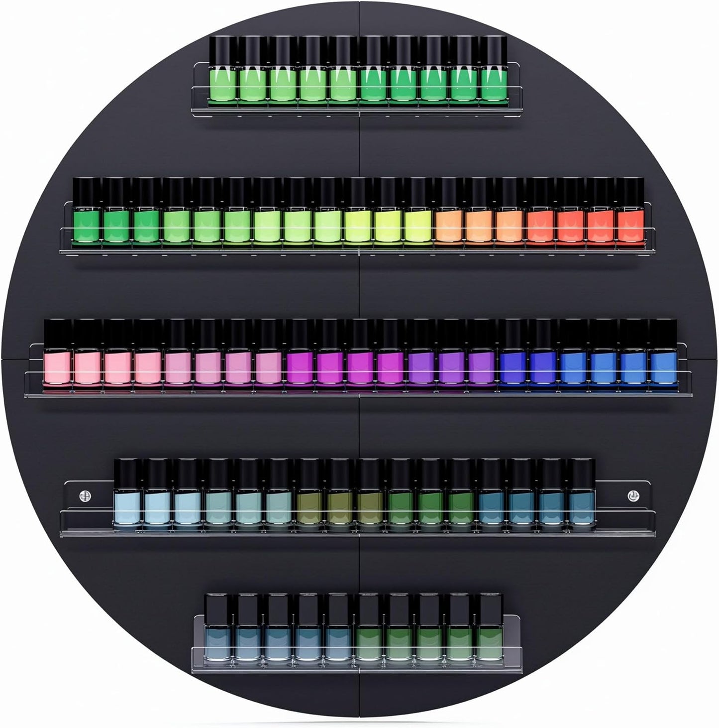 Wall Mount Nail Polish Organizer, Wood Nail Polish Rack w/Acrylic Barrier, 5-Tier Round Storage & Display Shelf, Perfume Essential Oil Bottles Holder, Black