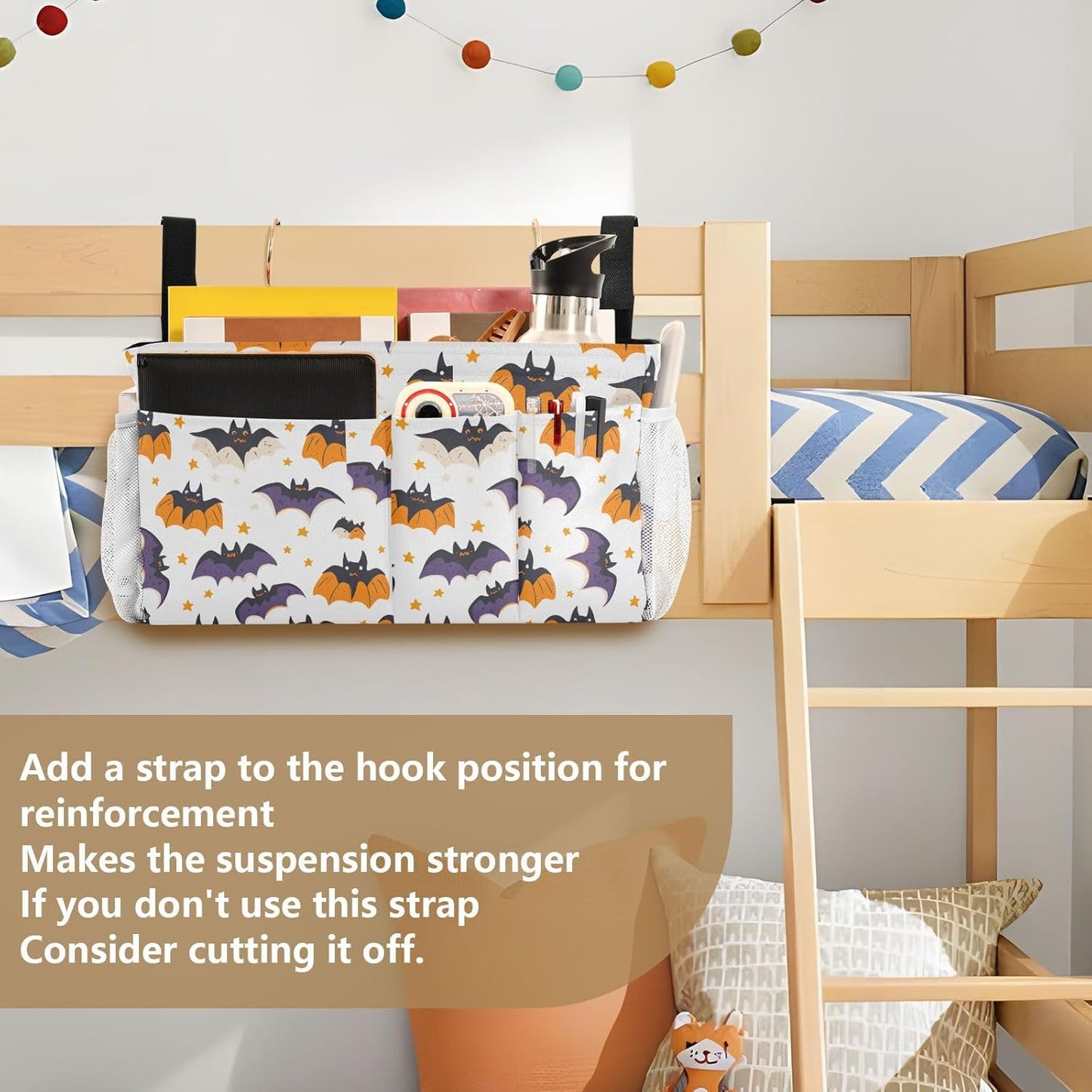 White Halloween Bats and Stars Bedside Caddy for Dorm Bed Bedside Hanging Caddy Bag Iron Frame Storage Organizer Pocket for Bunk Home College Hospital Beds 2 Hooks