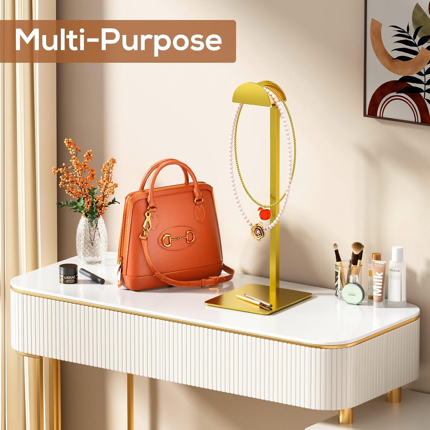 3 Pack Purse Display Stand, Handbag Purse Rack Stand Stainless Steel with Adjustable Height from 14.27" to 24" for Tabletop, Closet, Desk, and Retail Use - Metallic Gold