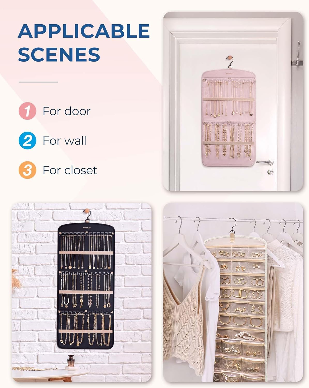 BAGSMART Hanging Jewelry Organizer, Necklace Holder Anti-tangle Earrings Rings Hanger with Pockets Hang on Closet, Wall, Door,1 Piece, Large Beige