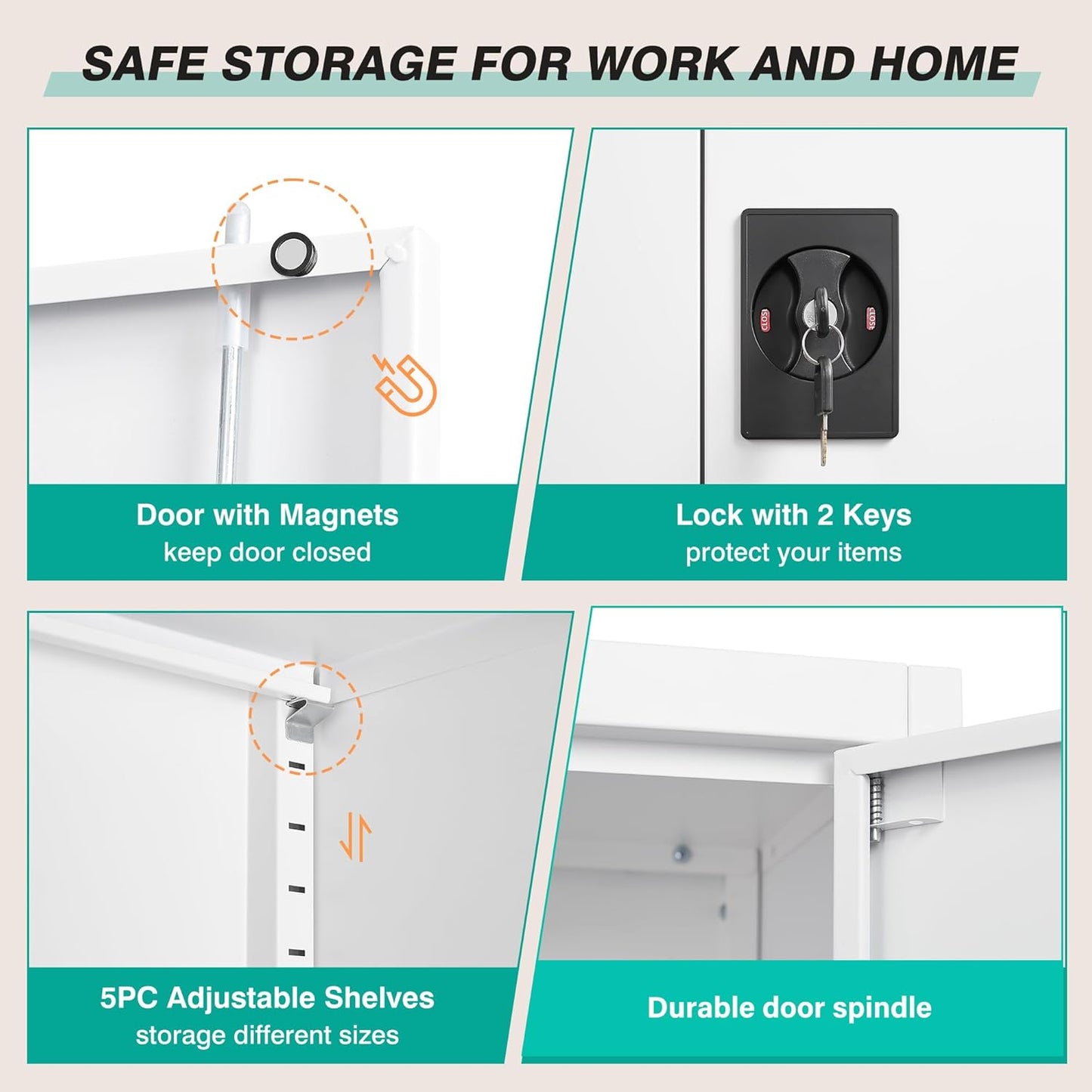 SISESOL Small Metal Cabinet with Shelves,36 inch Garage Storage Cabinet with Lock,White Metal Storage Cabinets with Locking Doors,Lockable Office File Cabinets for Home,Office,Shop,Garage