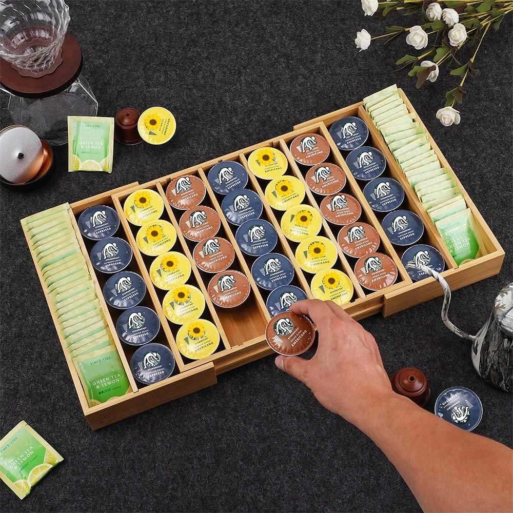 K Cup Holder Bamboo Coffee Pod Holder Drawer Organizer, Expandable K Cup Pod Storage Tea Bag Storage for Coffee Station Home Office and Kitchen