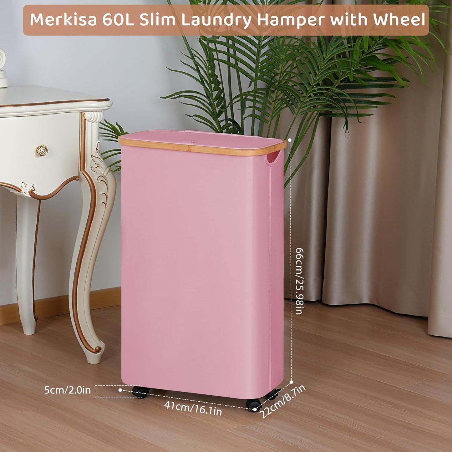 Slim Laundry Basket with Wheels,Narrow Hampers for Laundry,Freestanding Laundry Hamper with Lid&Bamboo Handles,Collapsible & Waterproof Tall Cloth Hamper for Dorm Family(60L Pink)