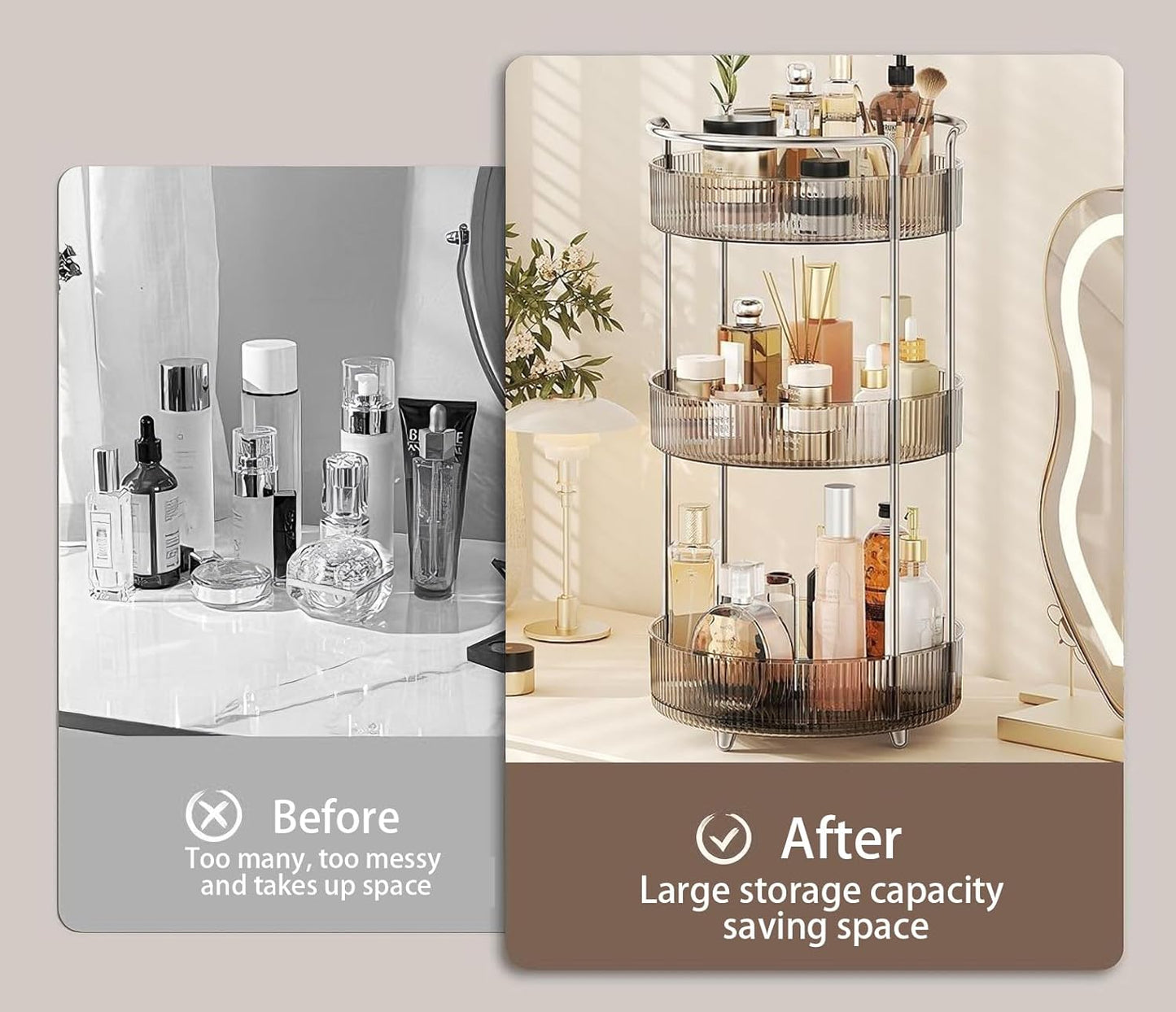 360° Rotating Makeup Organizer for Vanity, Skincare Perfume Organizers and Storage for Bathroom Countertop, Makeup Brush Holder Lazy Susan for Counter (Grey, 3 Tier)