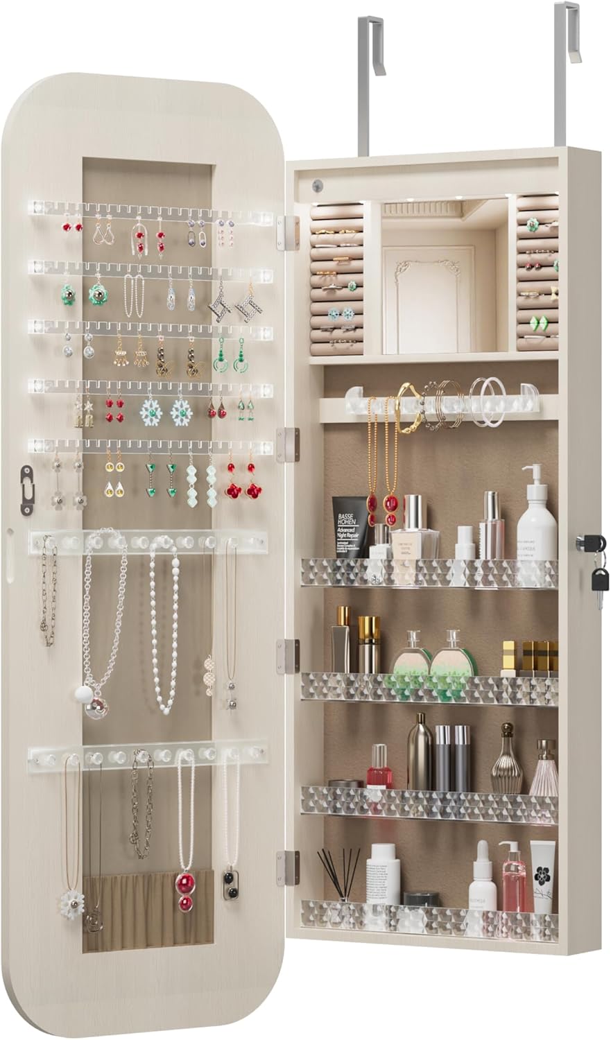 Montary Door or Wall-Mounted Jewelry Cabinet with Full-Length Mirror - Lockable Storage Organizer with Built-In LED Lighting, Hidden Jewelry Armoire for Bedroom & Closet, White