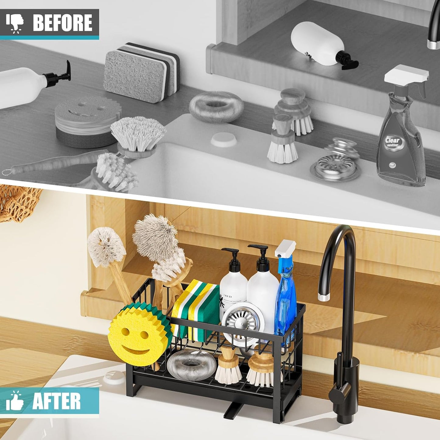 Sponge Holder for Kitchen Sink with Flexible Sponge Holder Smiley Face,2 Tier Kitchen Sink Organizer Countertop and Storage Essentials,Soap Dispenser Organize,Home Decor Accessories-Black