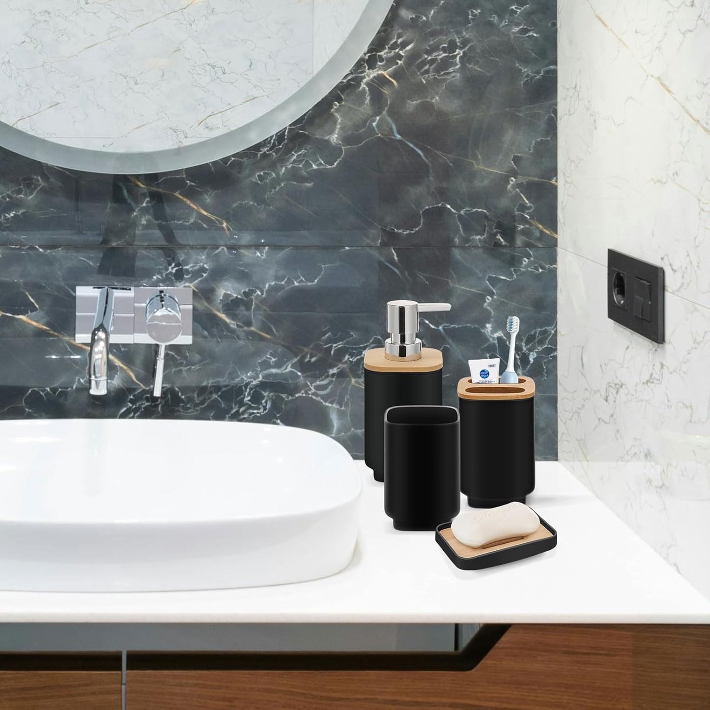 IMAVO Bathroom Accessories Set,Black Bathroom Set,11 Pieces Bathroom Accessory Set,Trash Can for Bathroom Accessories Décor and Housewarming Gifts
