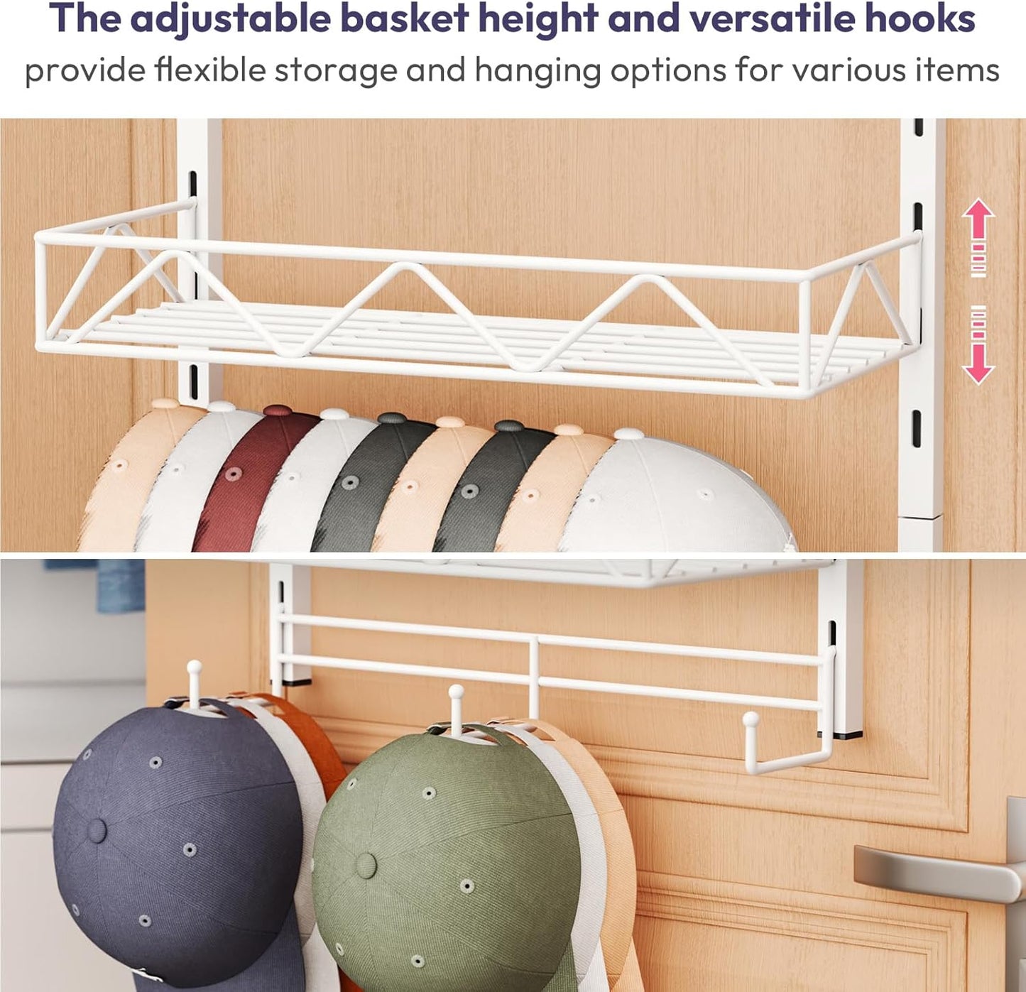 SWTYMIKI Over Door Hat Organizer - 5 Tier Wall Mounted Hat Rack with 4 Adjustable Metal Basket and 3 Hooks, Hanging Baseball Cap Organizer Storage Holds up to 49 Caps for Door, Bedroom, Closet