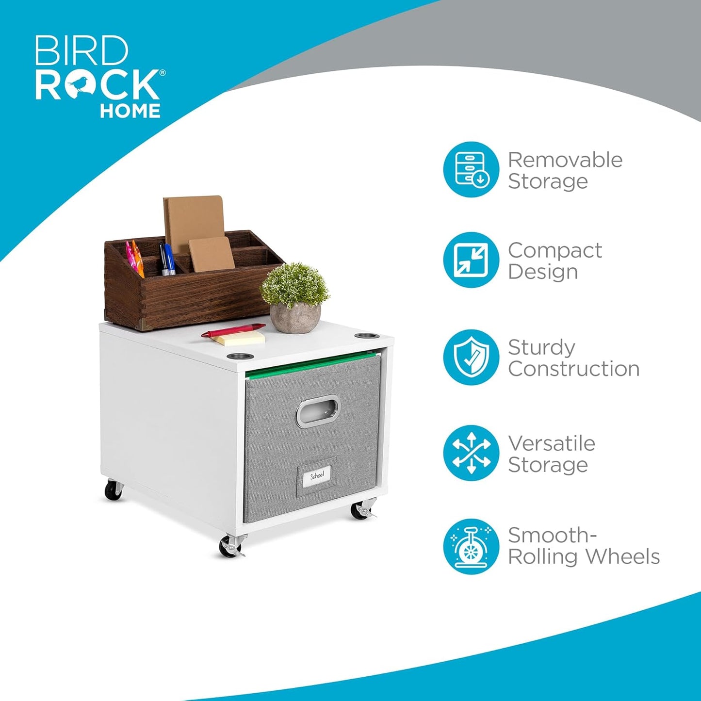 BIRDROCK HOME Rolling File Cabinet – Decorative Storage Shelf w/Removable Bins, Handles, and Wheels – Organize Files, Books, Toys, Under Desk Office Solution, Modern Design - 1 Lateral Drawer, White