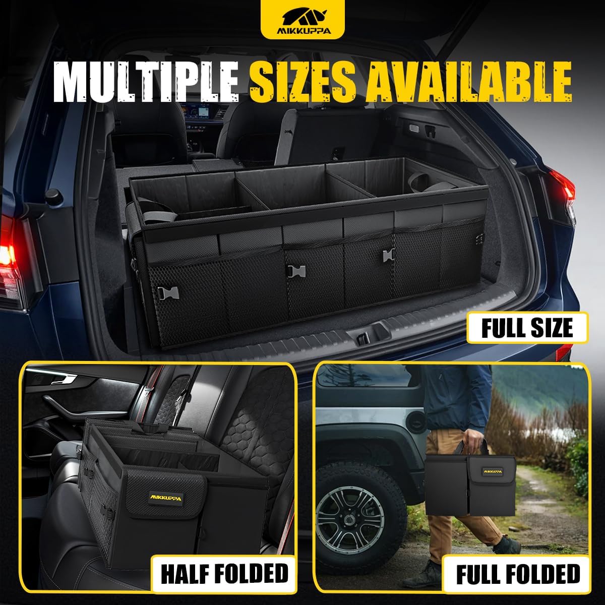 MIKKUPPA Car Trunk Organizer with Cooler - 95L Collapsible Trunk Organizer with Lid, Trunk Storage Organizers for SUV Truck Van with Adjustable Straps and Non Slip Bottom (Black, X-Large with Cooler)