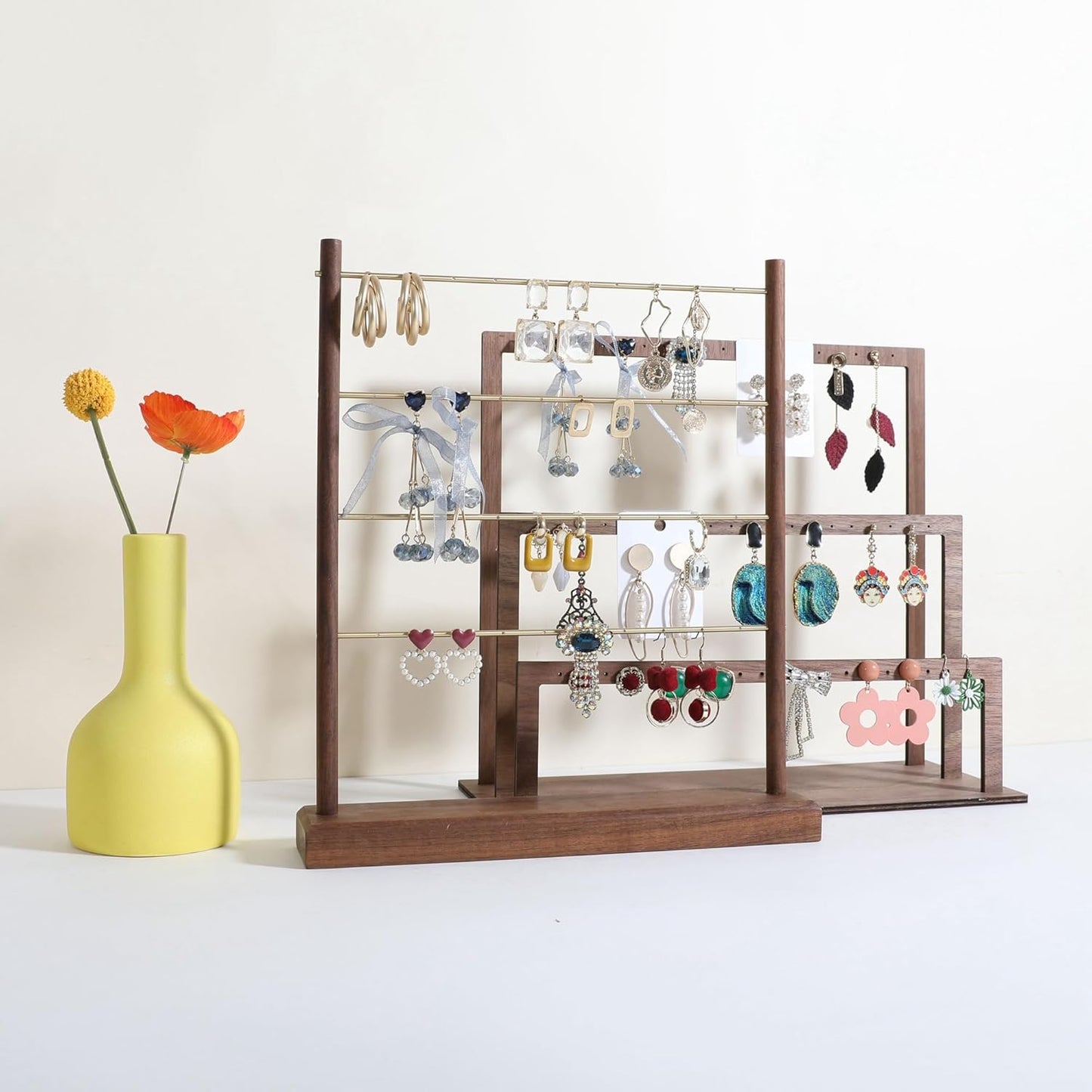 GemeShou Walnut earrings display stand for selling, wooden jewelry earring organizer shelf, wood earring storage organizer rack for boutique store【Earring shelf-Large】