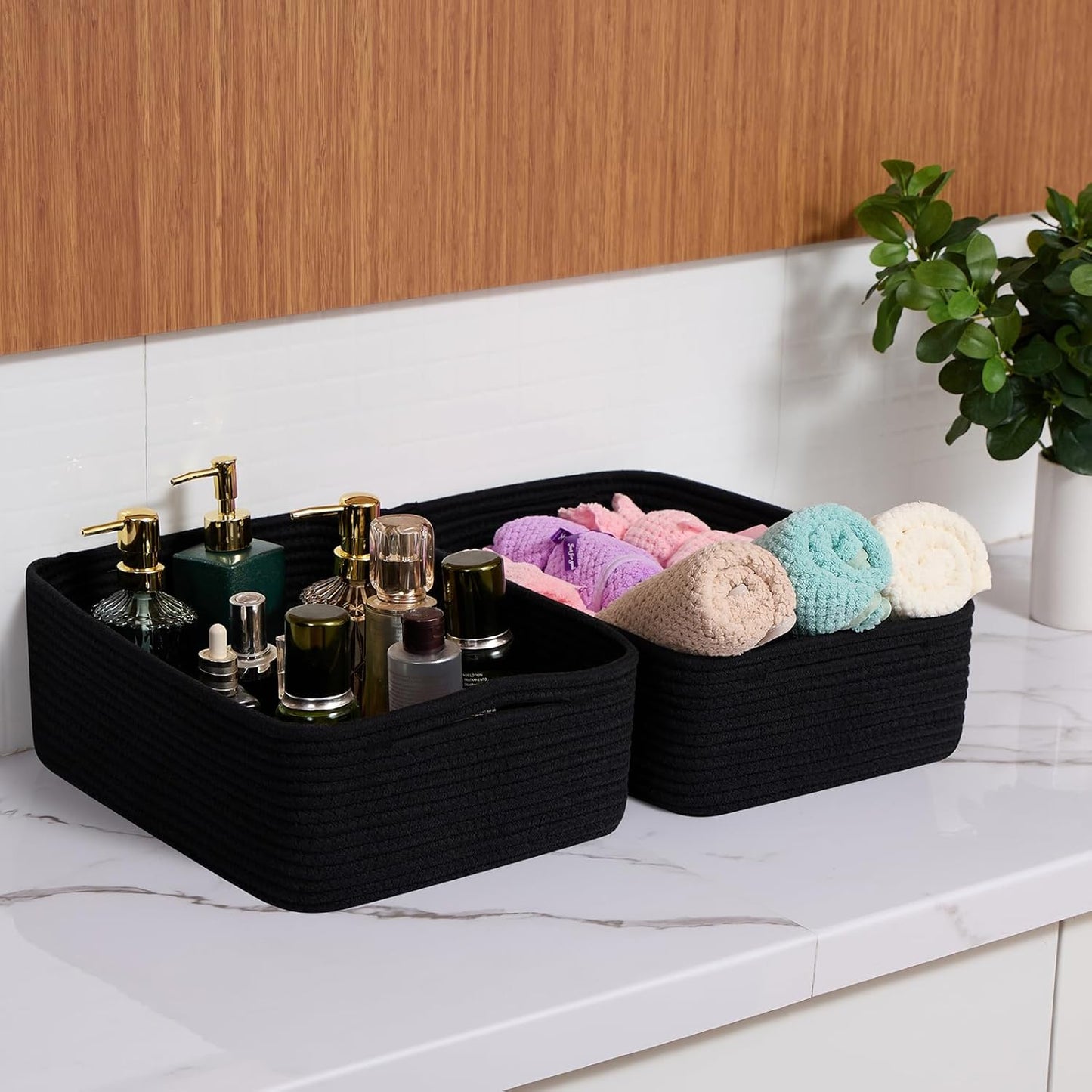 Large Shallow Organizing Baskets 15x11x5.1 Inches - Rope Woven Storage Bins for Bathroom, Shelves, Cube Closet, Black 4 Packs