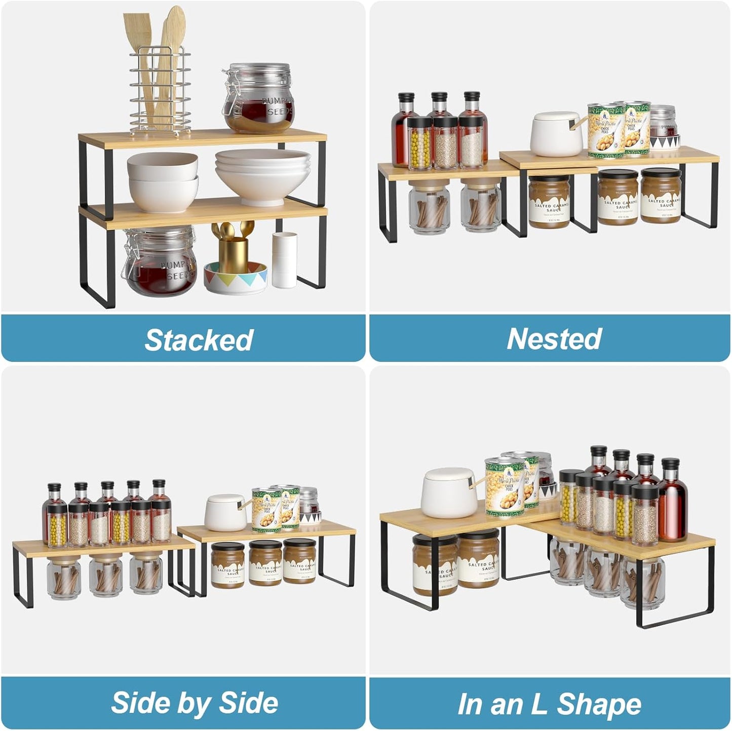 NEX Cabinet Shelf Organizer Set of 2, Kitchen Counter Shelves Spice Rack, Stackable, Expandable, Kitchen Pantry Cupboard Storage Organization, Black and Natural