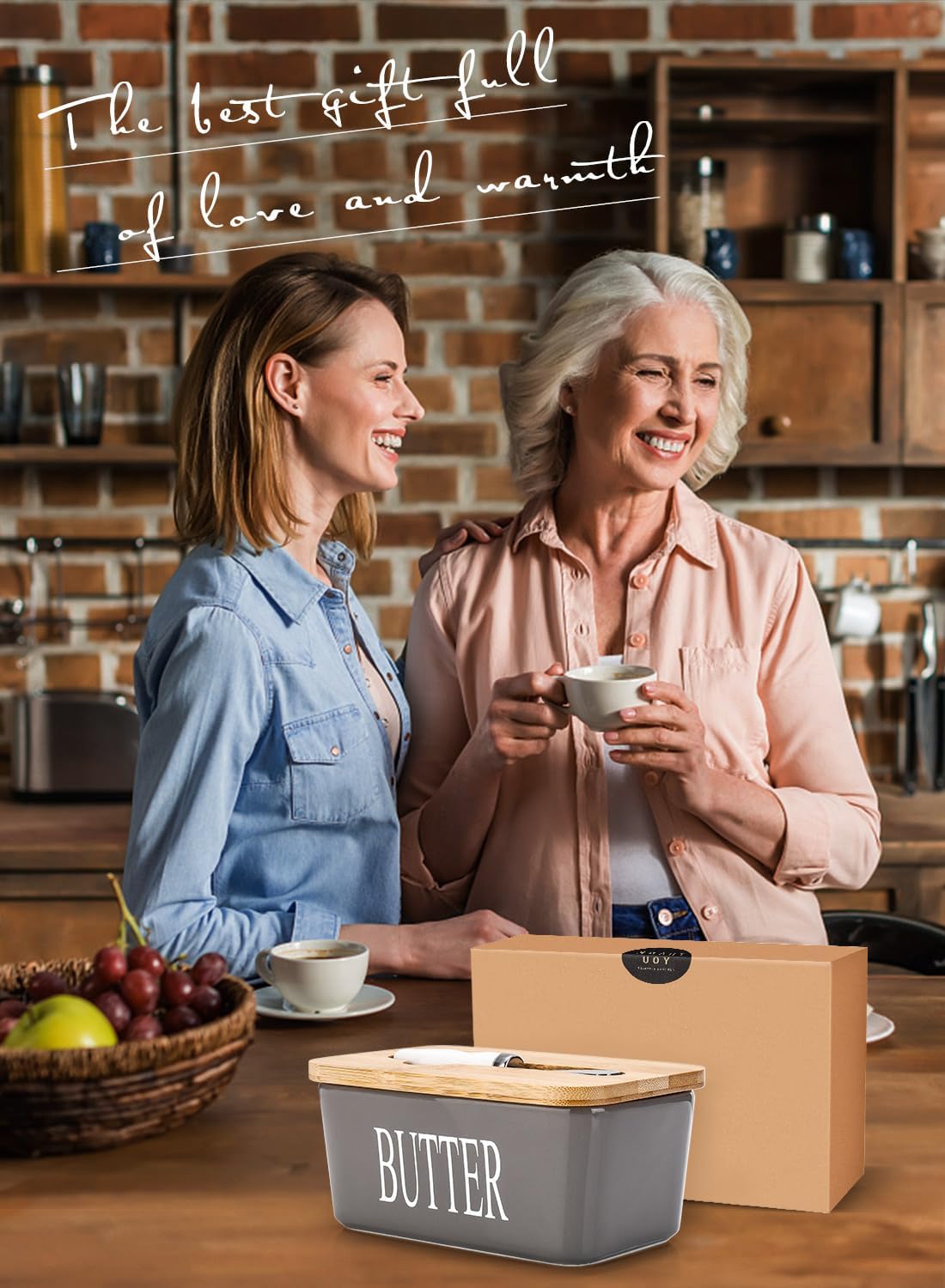 Butter Dish with Lid: Large Butter Container for Countertop - Ceramic Butter Holder for Counter - Butter Tray Butter Keeper with Knife and Sponge Scrubber - Perfect for 2 Sticks of Butter Grey